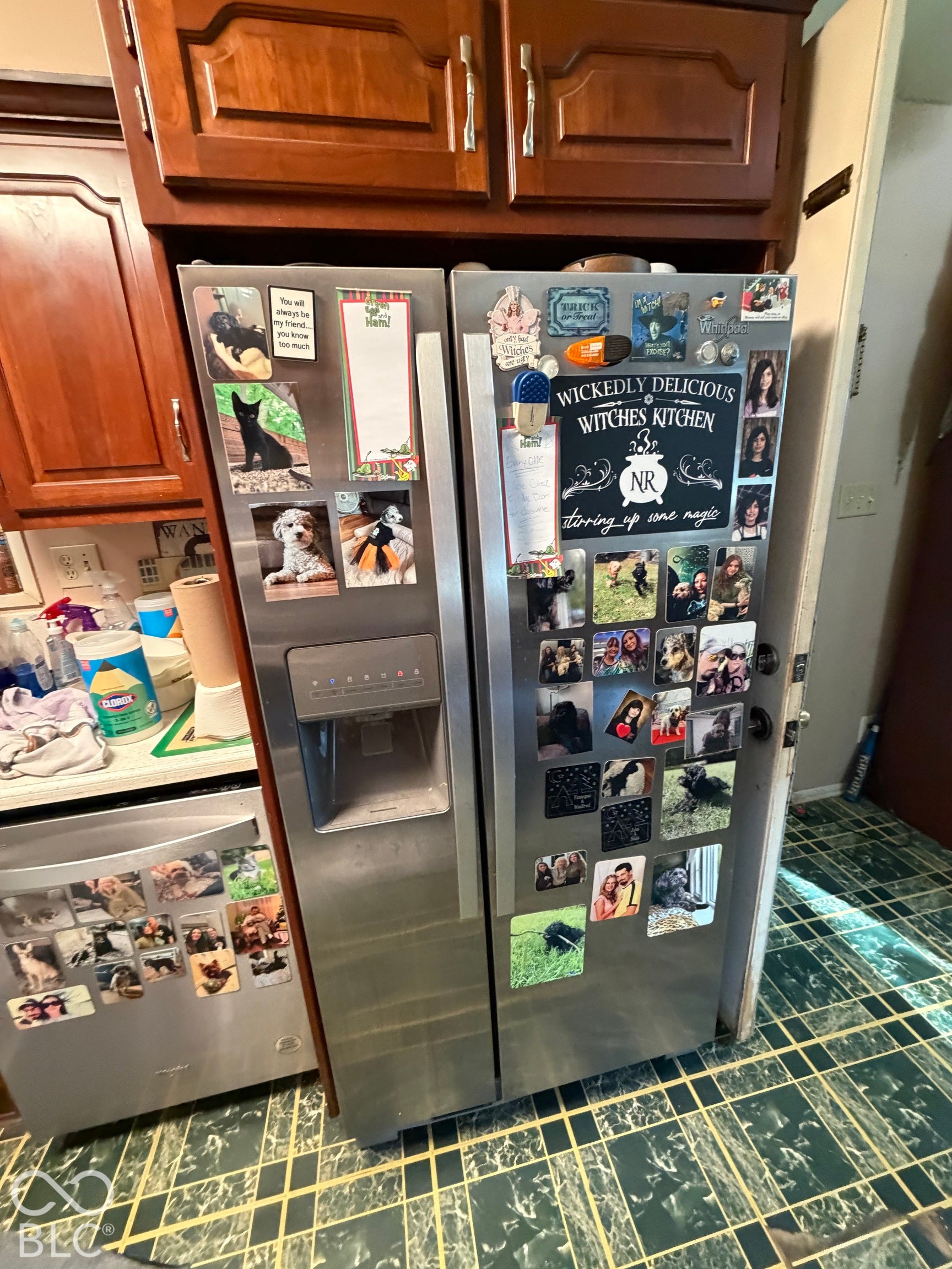 Stainless steel side-by-side refrigerator with an external ice and water dispenser