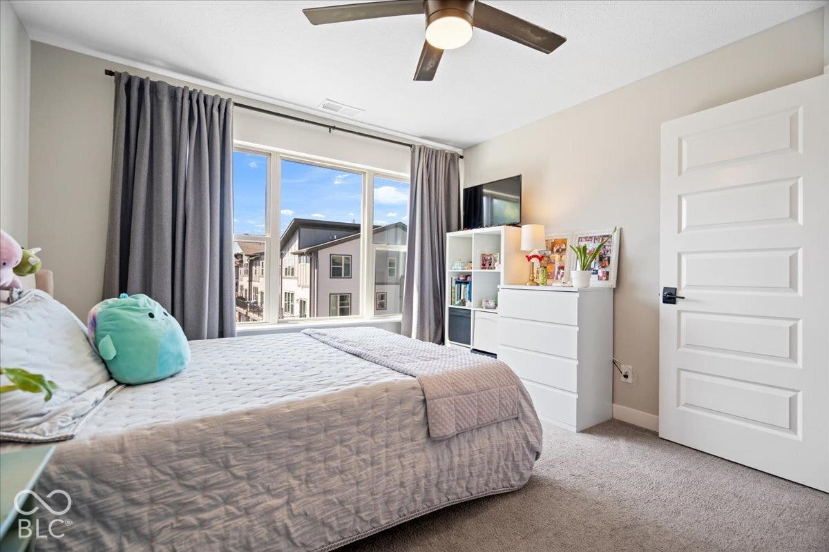 Wall-to-wall carpeting, a multi-pane window, and a ceiling fan with integrated lighting