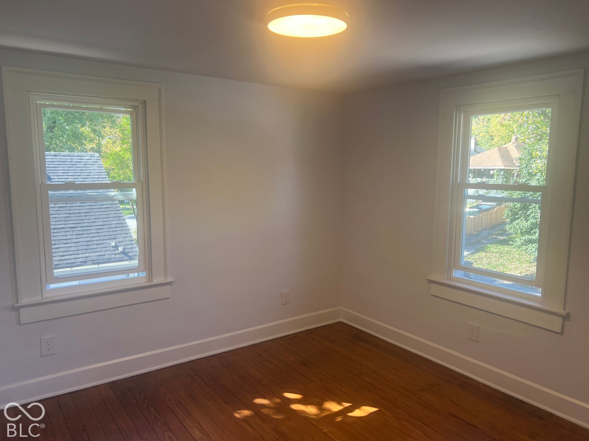 Wood-finish flooring, white trim, and two windows