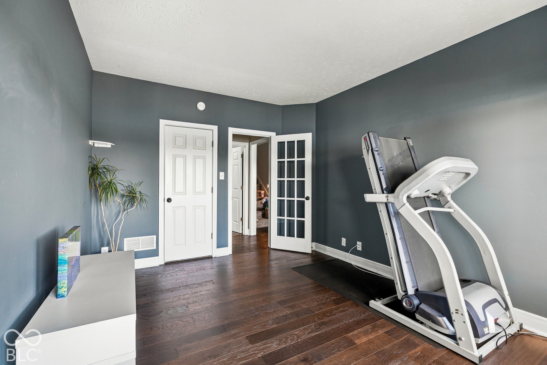 Interior space featuring dark-toned walls, wood-finish flooring, a six-panel door, and a glass-paneled French door
