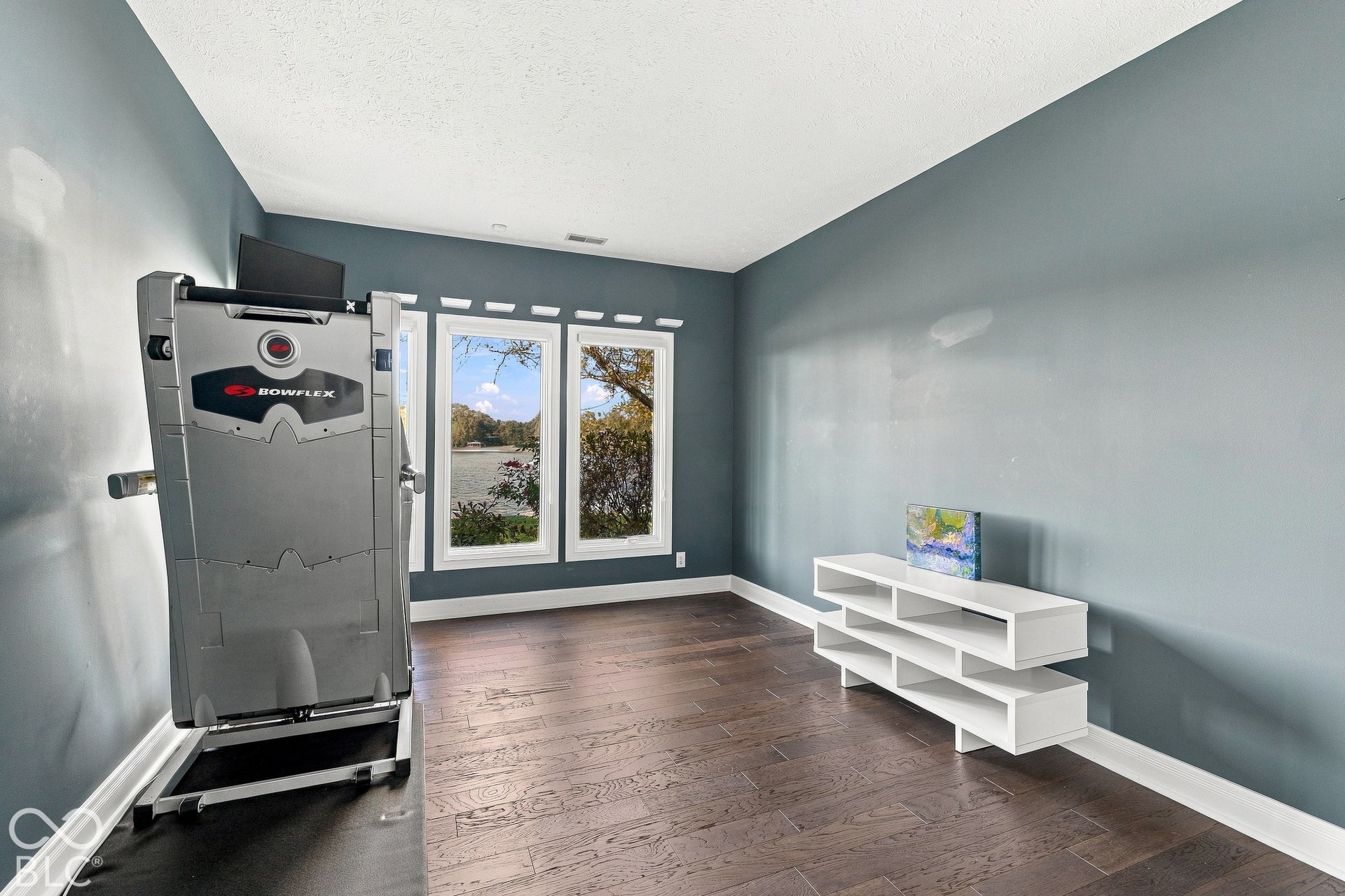 Room featuring wood-finish flooring, triple windows with exterior scenery, and neutral wall color