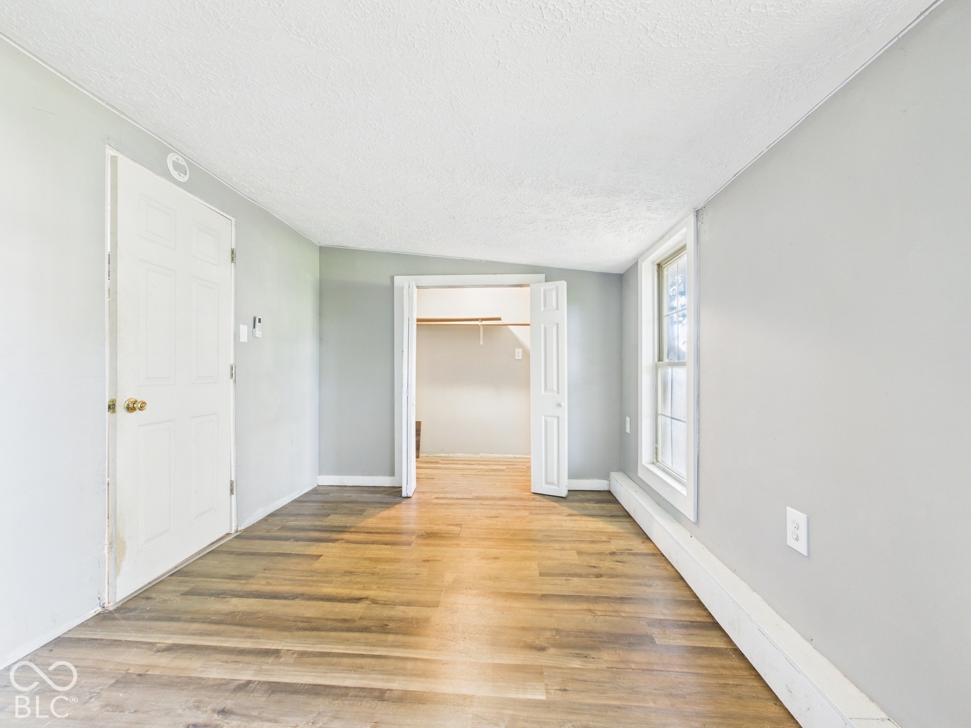 Wood-finish flooring with light gray wall tones, white trim, and a built-in closet