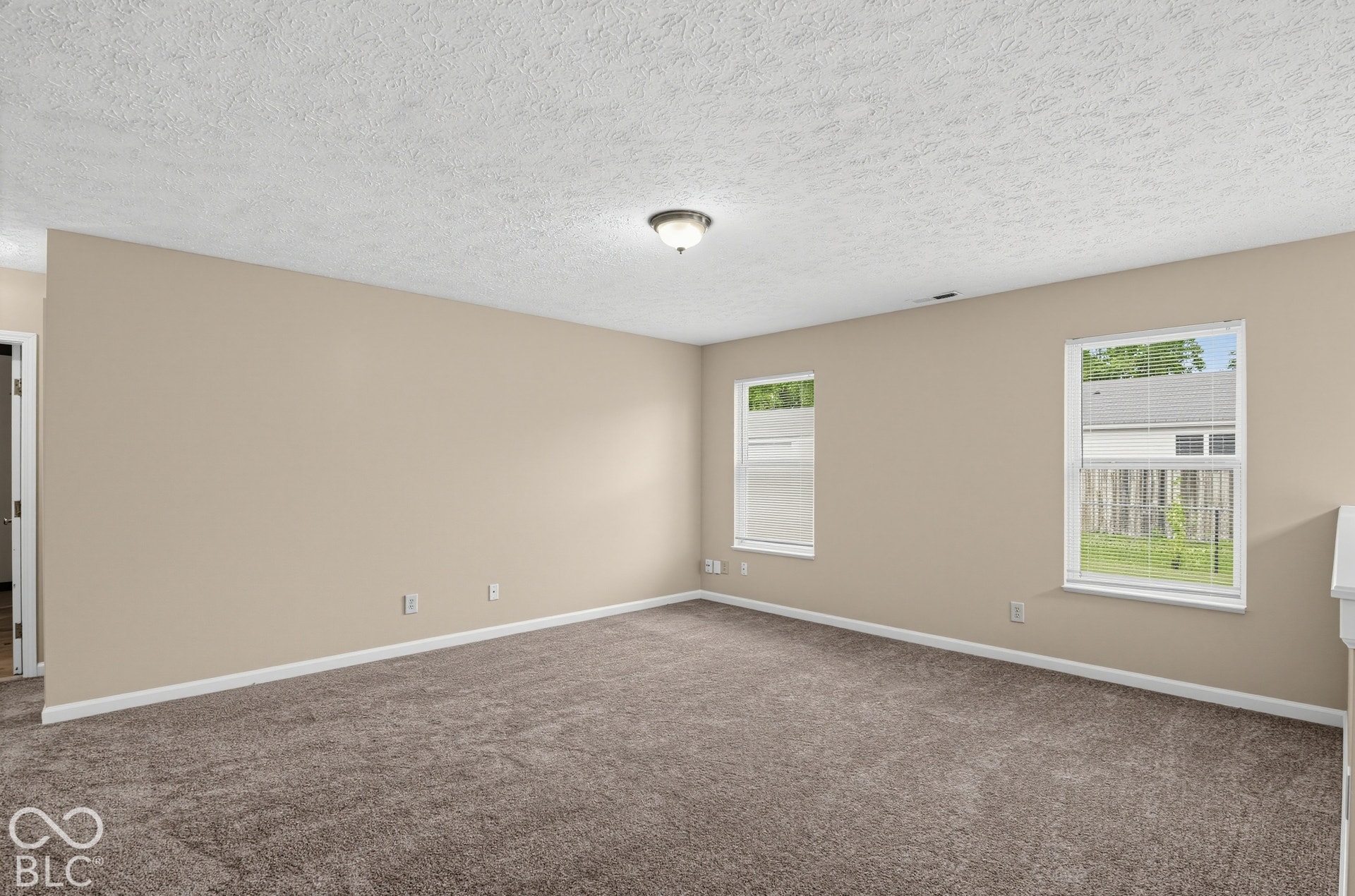 Interior space featuring neutral-toned walls, wall-to-wall carpeting, two double-hung windows, and a central ceiling-mounted light fixture