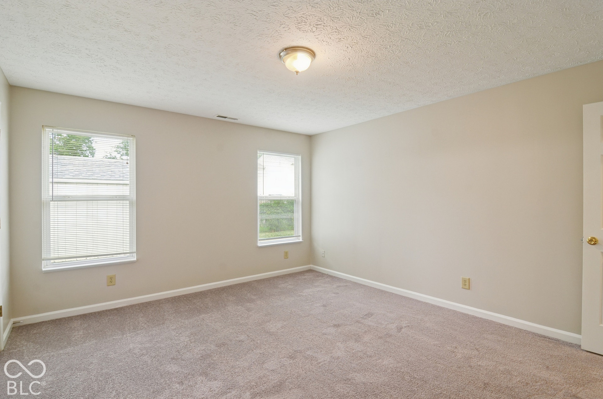 Room interior featuring neutral wall paint, wall-to-wall carpeting, two double-hung windows, and a flush-mount ceiling light fixture