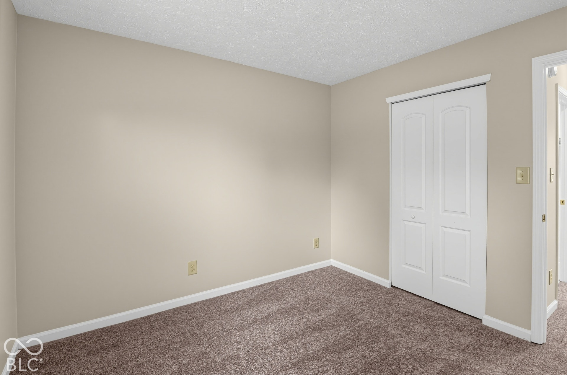 Neutral-toned walls, wall-to-wall carpeting, and a built-in closet with double-panel doors