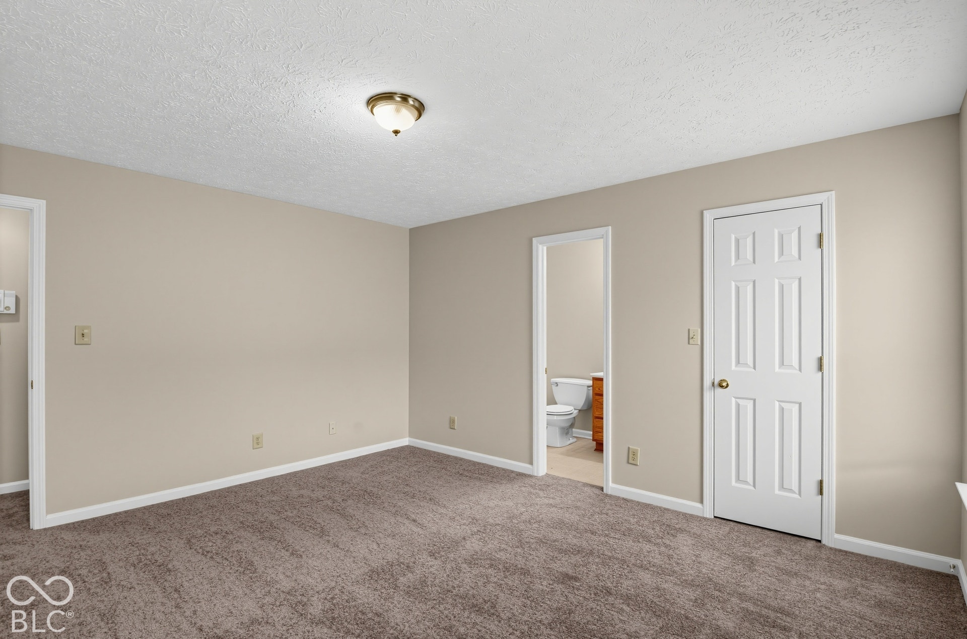 Neutral-toned walls, textured ceiling, wall-to-wall carpeting, six-panel interior door, and flush-mount ceiling lighting