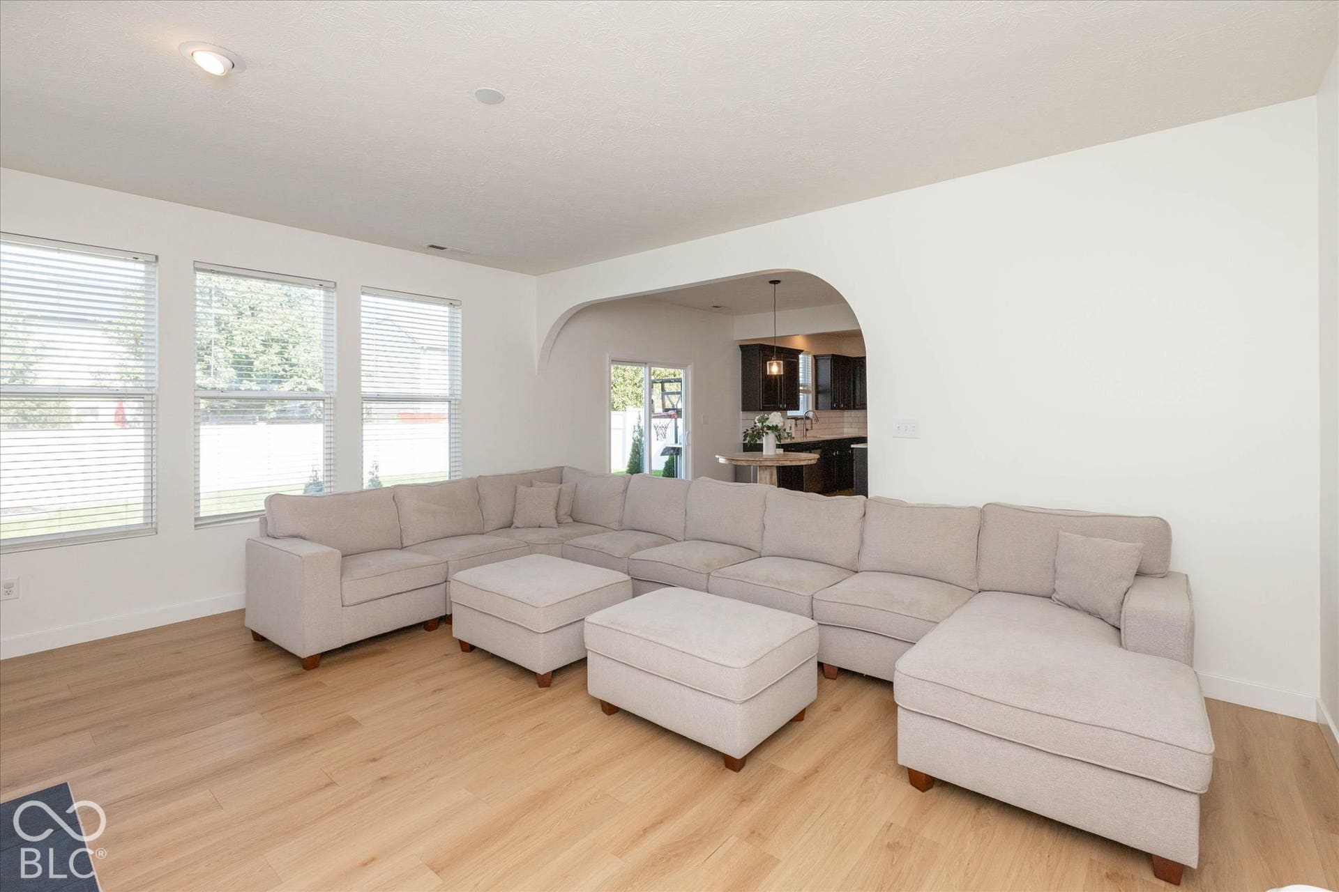 Expansive living area with wood-finish flooring, recessed lighting, and an arched doorway