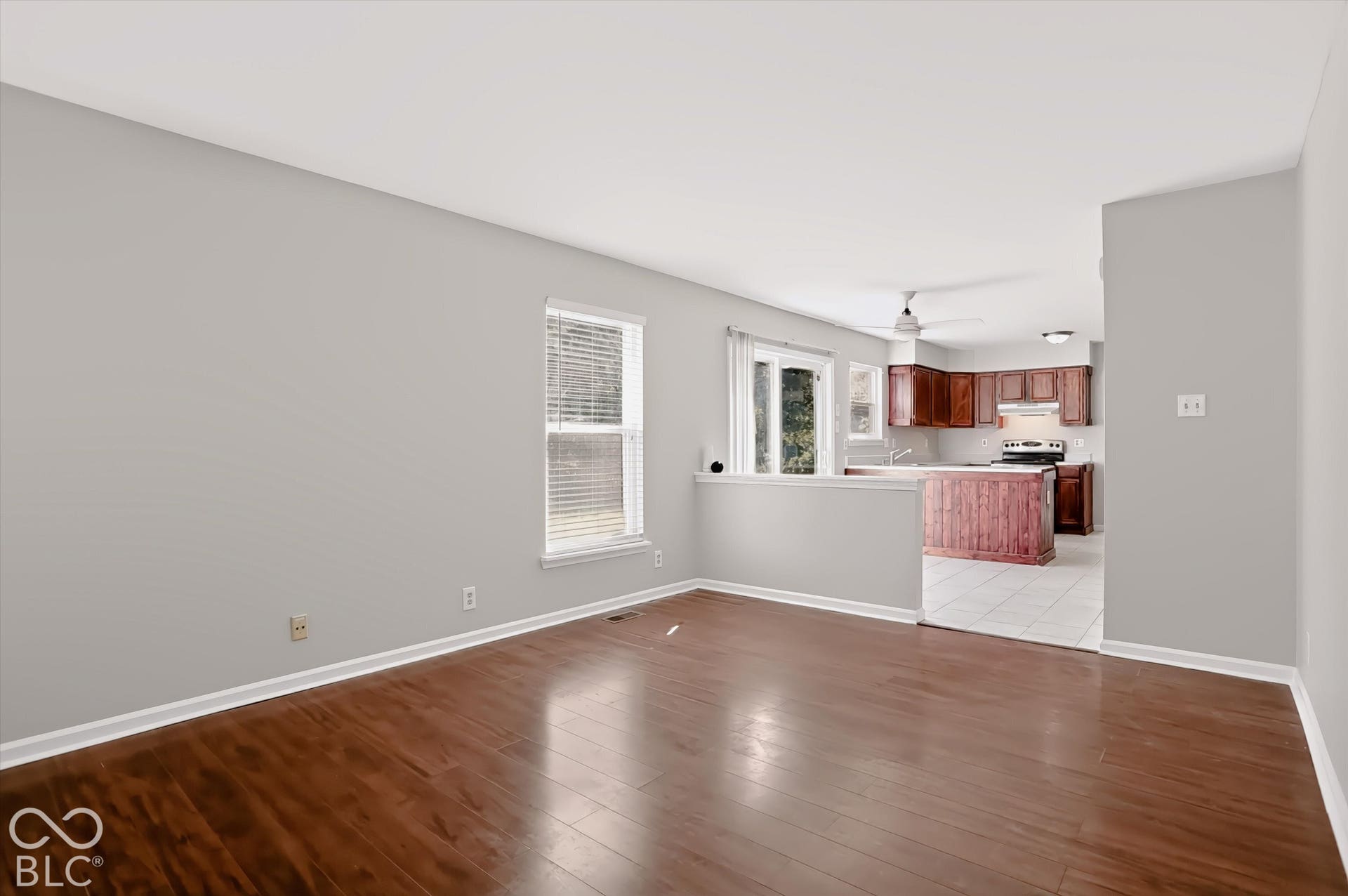 Hardwood-finish flooring, light gray wall paint, and a bright window
