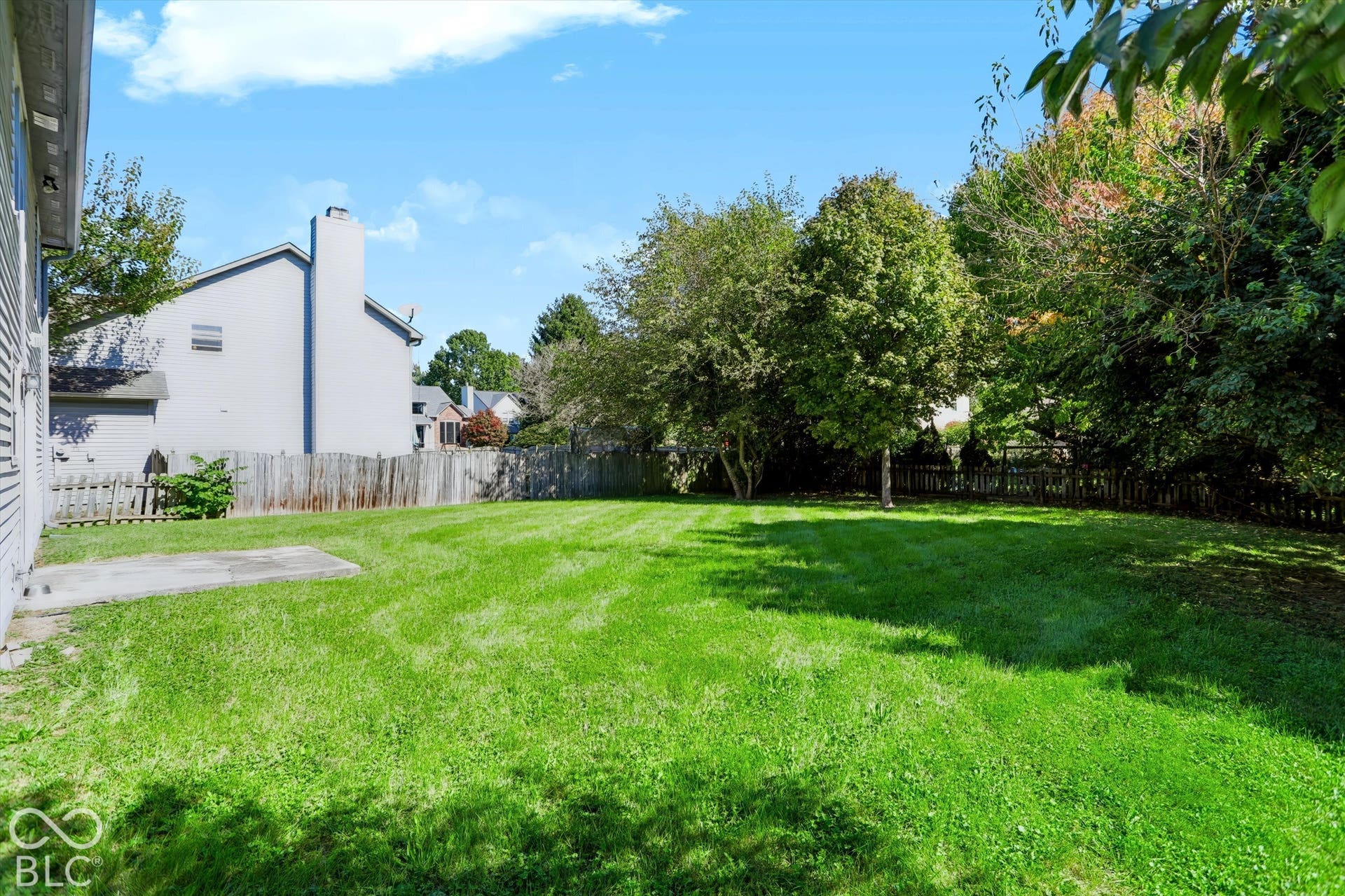 Spacious backyard with a large grass lawn, mature trees, and a concrete patio