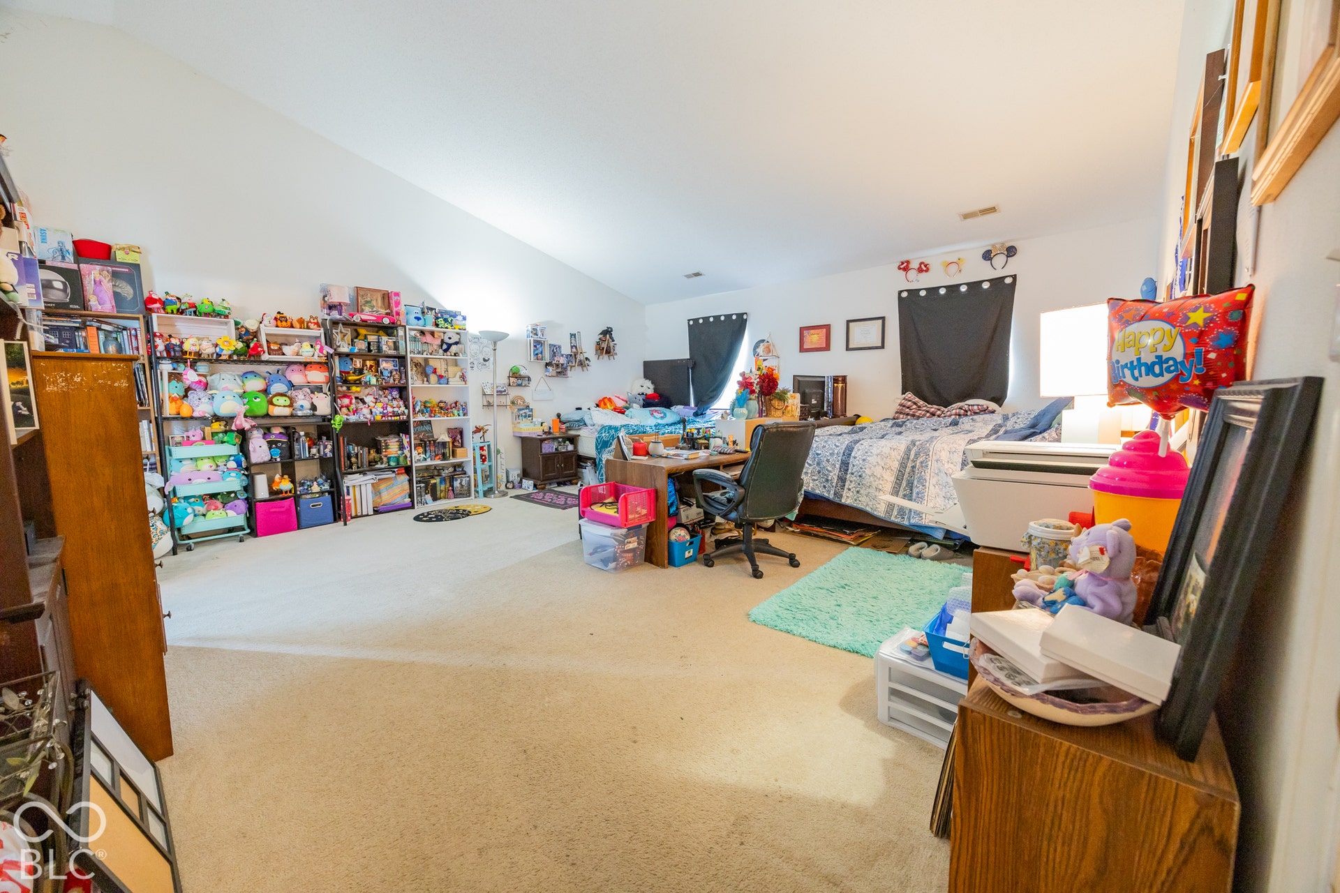 Sloped ceiling, carpeting, built-in shelving, windows with dark coverings