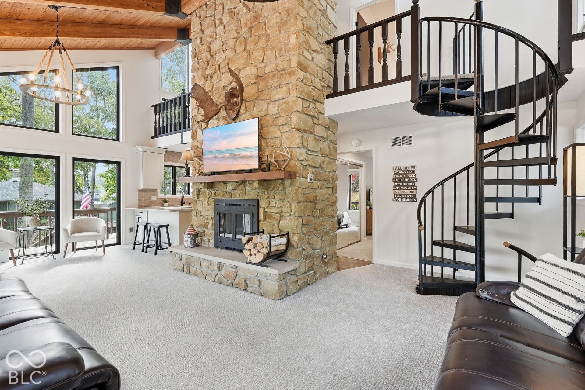 Soaring ceilings with exposed wood beams