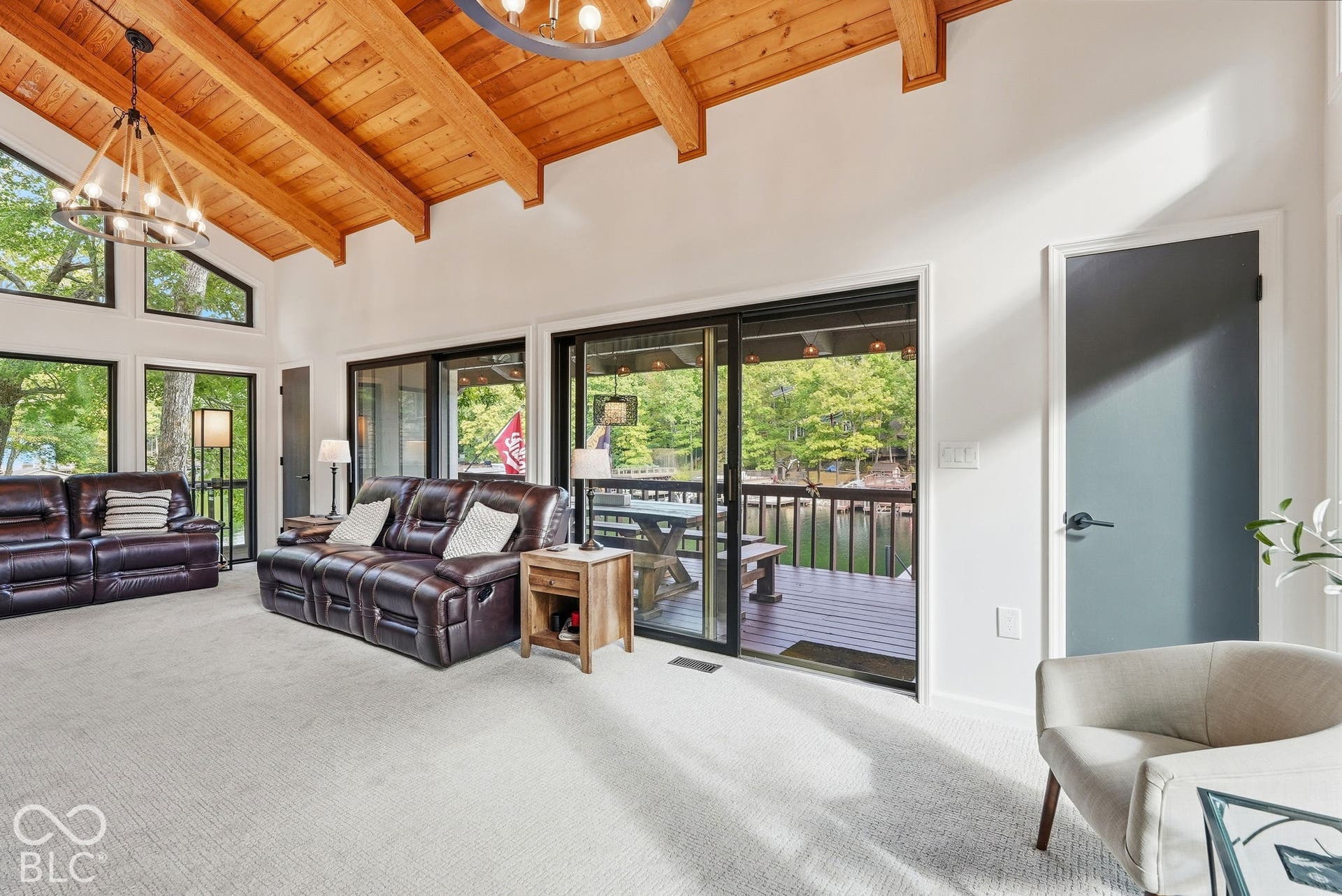 Vaulted wood-paneled ceiling with exposed beams