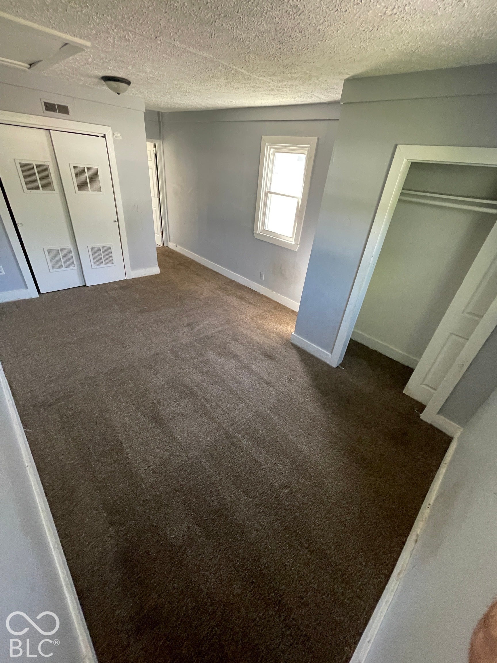 Carpeted flooring, single window, painted walls, closet with bifold doors, secondary open closet