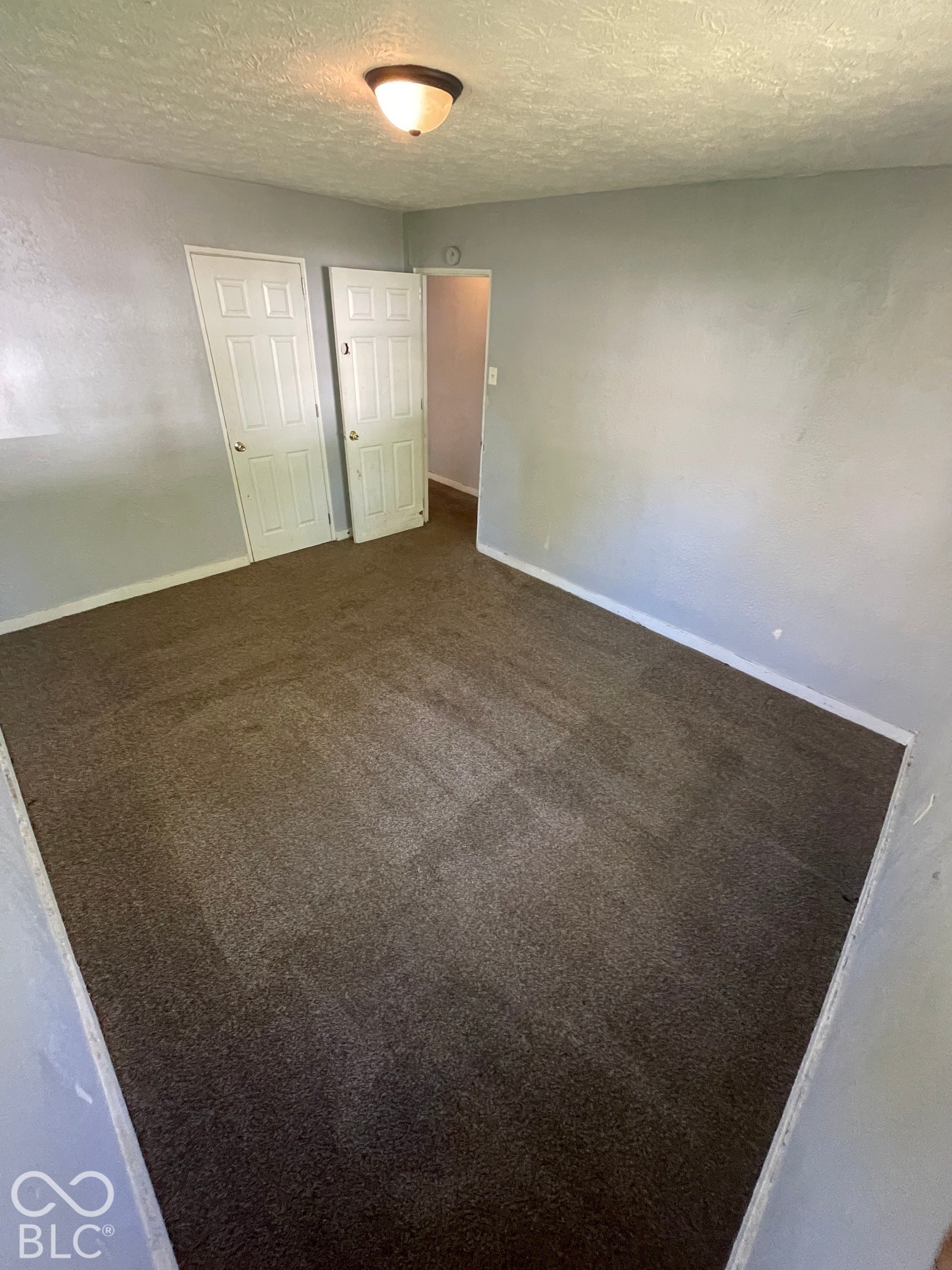 Neutral wall paint, carpet flooring, and a flush mount ceiling light fixture