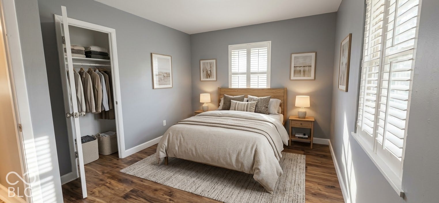 Wood-finish flooring and light gray wall tones