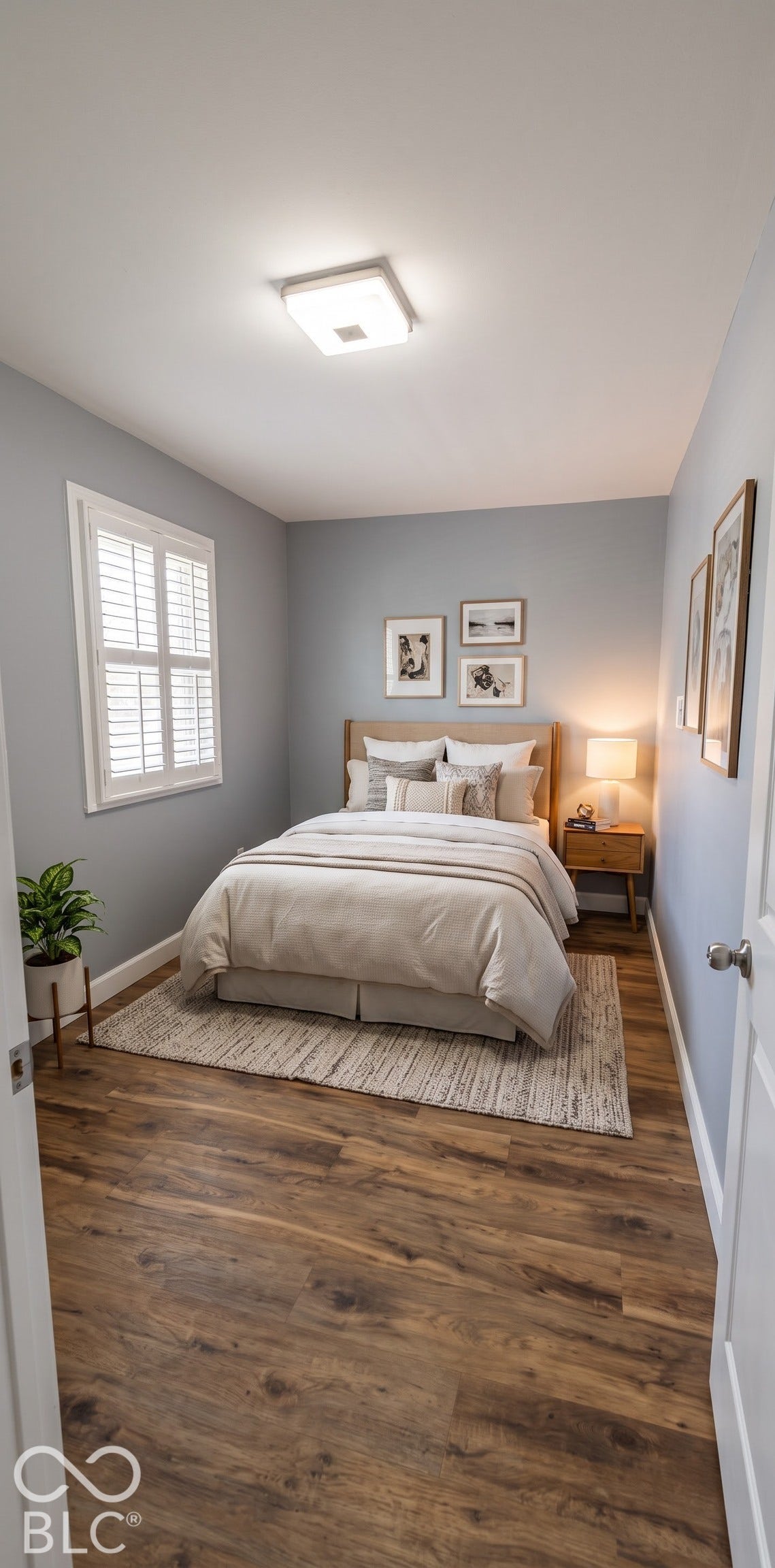 Wood-finish flooring, square ceiling light fixture, white plantation shutters, and a wood-tone side table