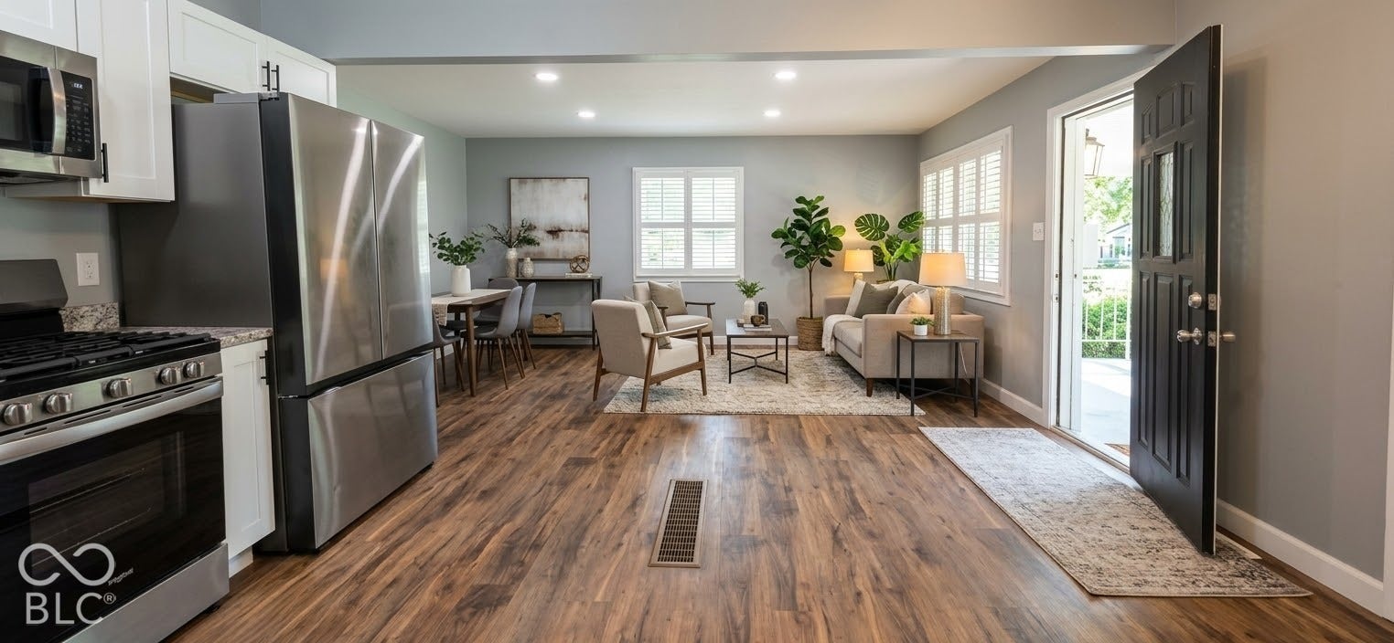 Wood-finish flooring throughout, recessed lighting, and white trim