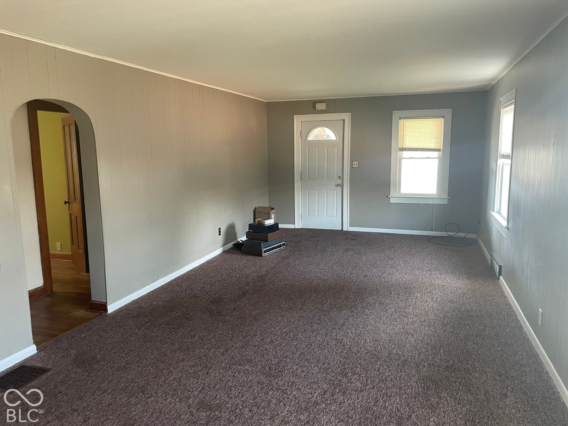 Carpeted room with light gray paneling, white trim, and an arched doorway