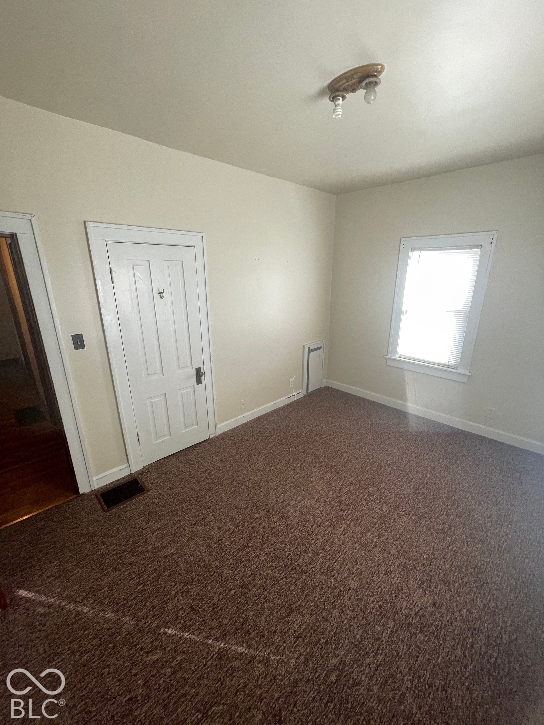 Neutral wall paint, textured carpeting, interior door with trim, single window, and ceiling-mounted light fixture