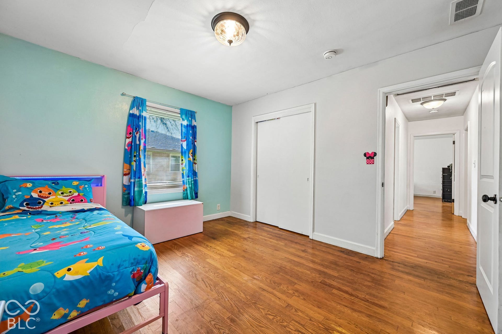 Wood-finish flooring throughout the room and hallway