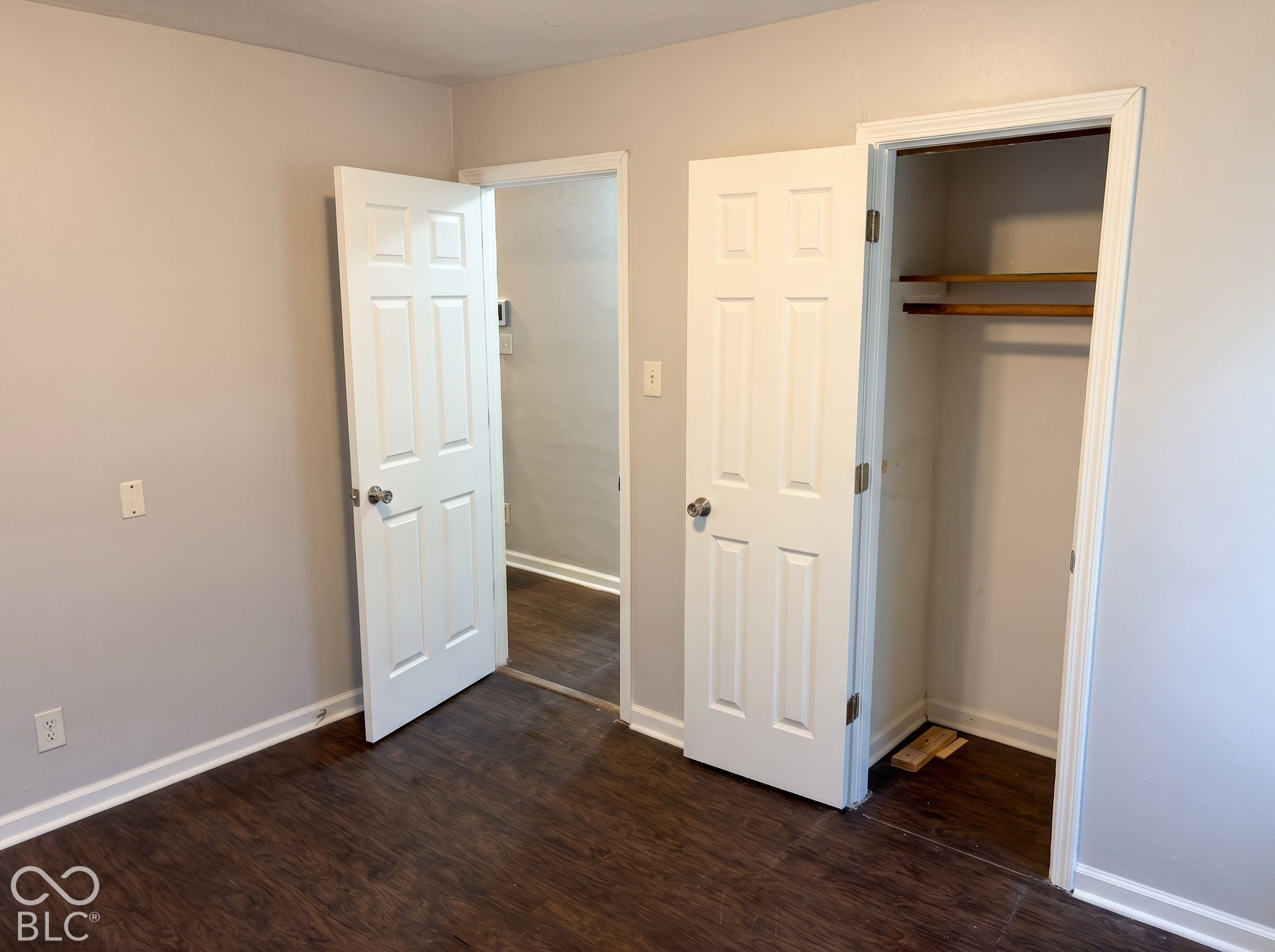 Wood-finish flooring with white trim, light gray walls, and a built-in closet with shelving and hanging rods