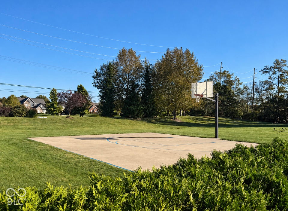 15356 Ackerley Drive, Fishers, IN 46040 Outdoor basketball court with a concrete surface, surrounded by manicured lawn and mature trees