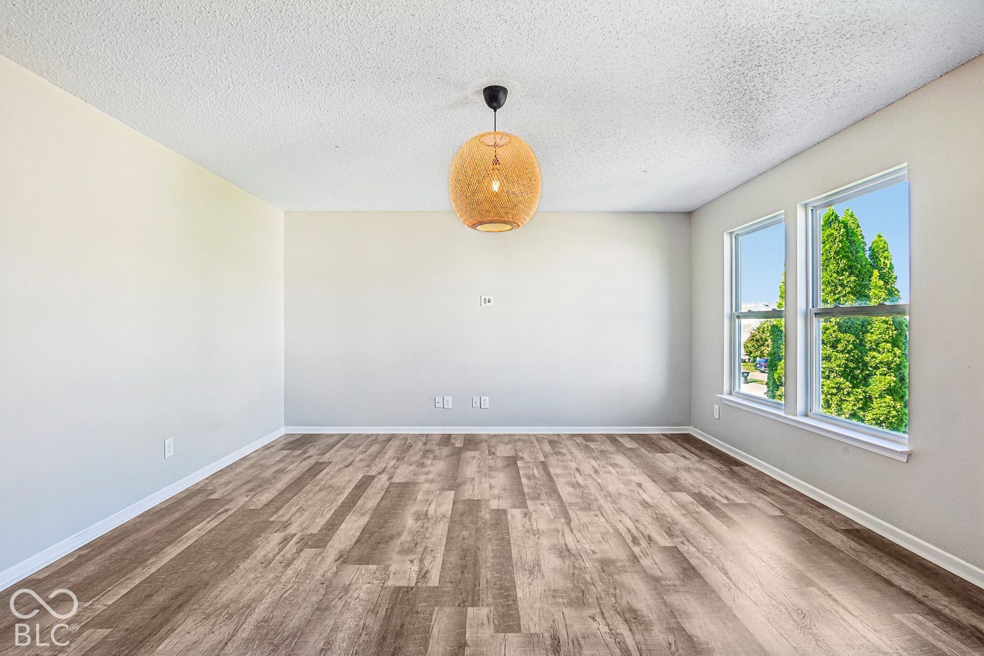 Wood-finish flooring, two large windows, and a woven pendant light fixture