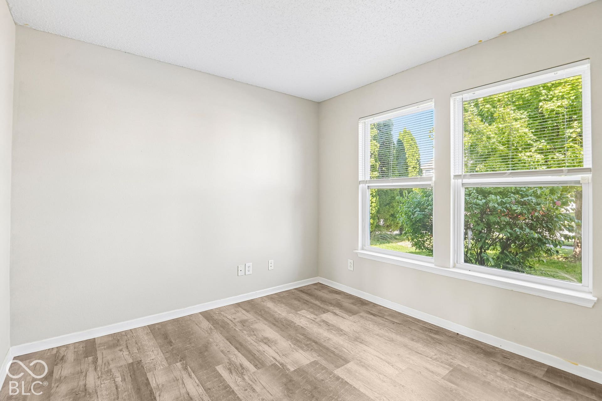 Wood-finish flooring with white trim