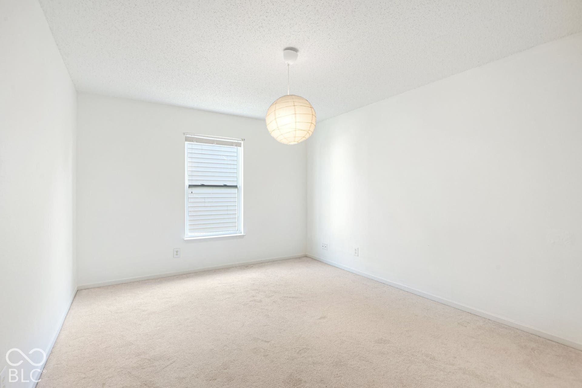 Neutral-toned carpeting, white walls, and a single window with blinds