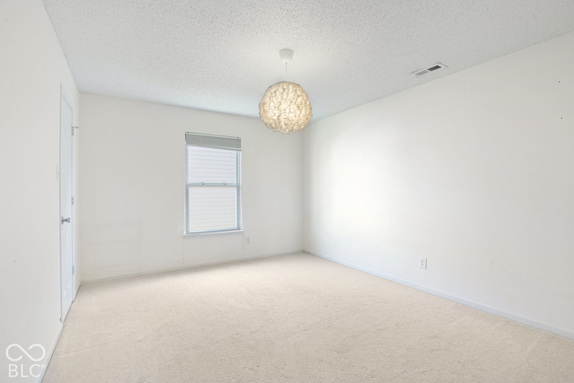 Carpeted flooring, single window with blinds, ceiling-mounted light fixture, white walls, and a white ceiling
