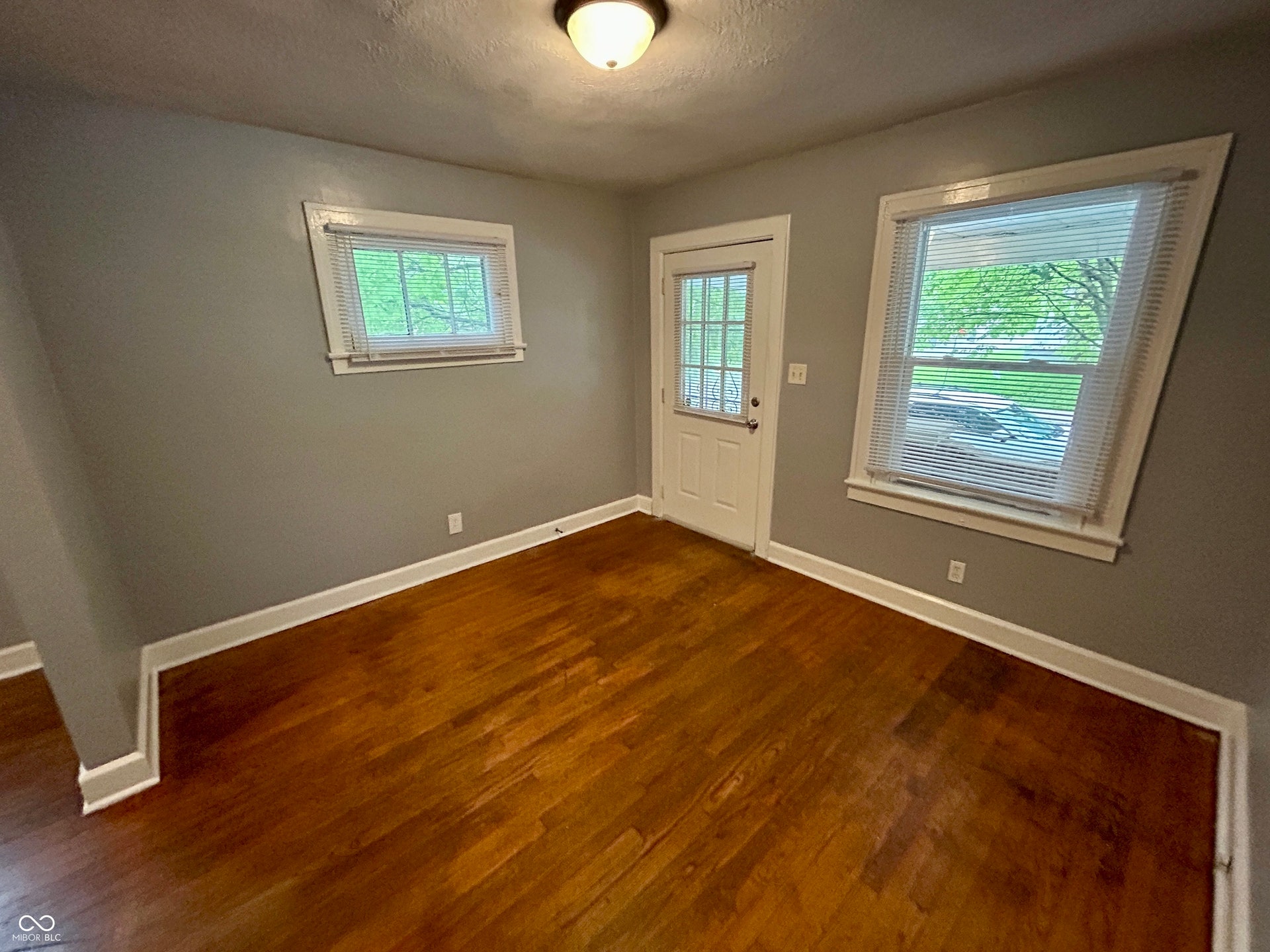 Room featuring wood-finish flooring, two windows with blinds, a white paneled door with glass inserts, white baseboards, and a flush-mount ceiling light fixture