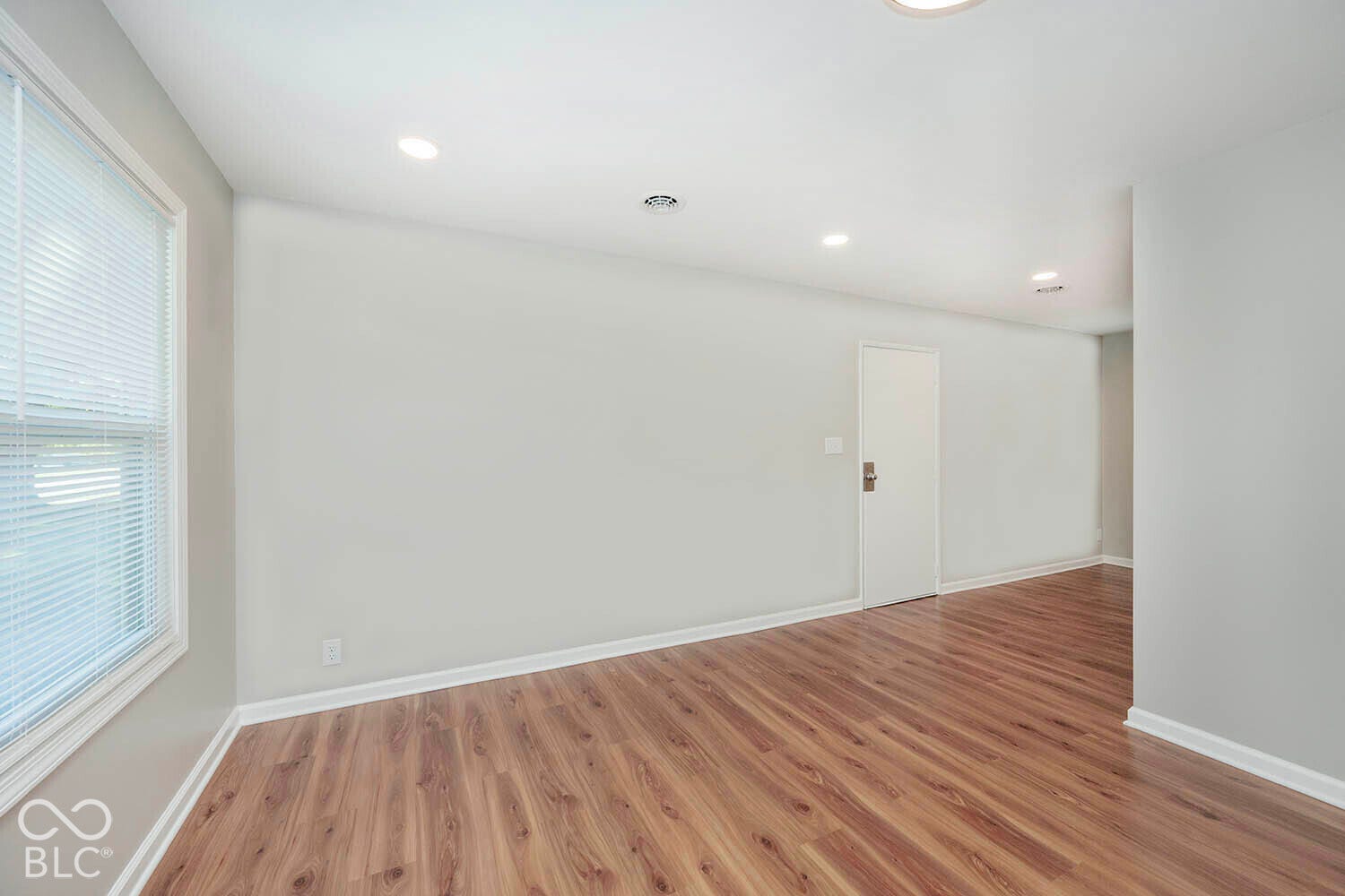 Recessed ceiling lighting, wood-finish flooring, white trim, and a white door with a brass-finish handle