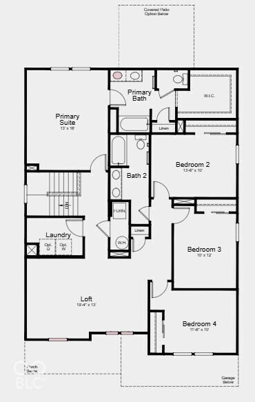 Second Floor Plan - Additional Highlights Include: shower in place of tub/shower at primary bath, water softener rough-in at storage under stairs, and gas line at kitchen
