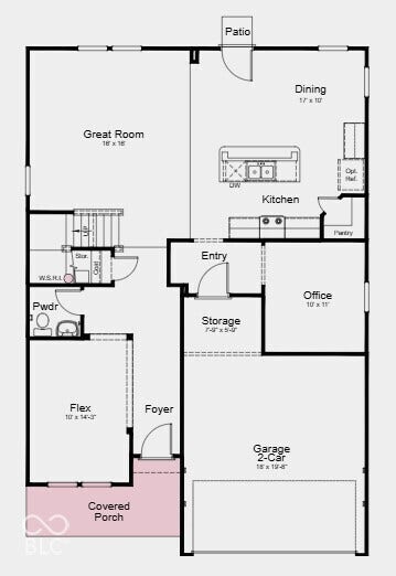 First Floor Plan - Additional Highlights Include: shower in place of tub/shower at primary bath, water softener rough-in at storage under stairs, and gas line at kitchen
