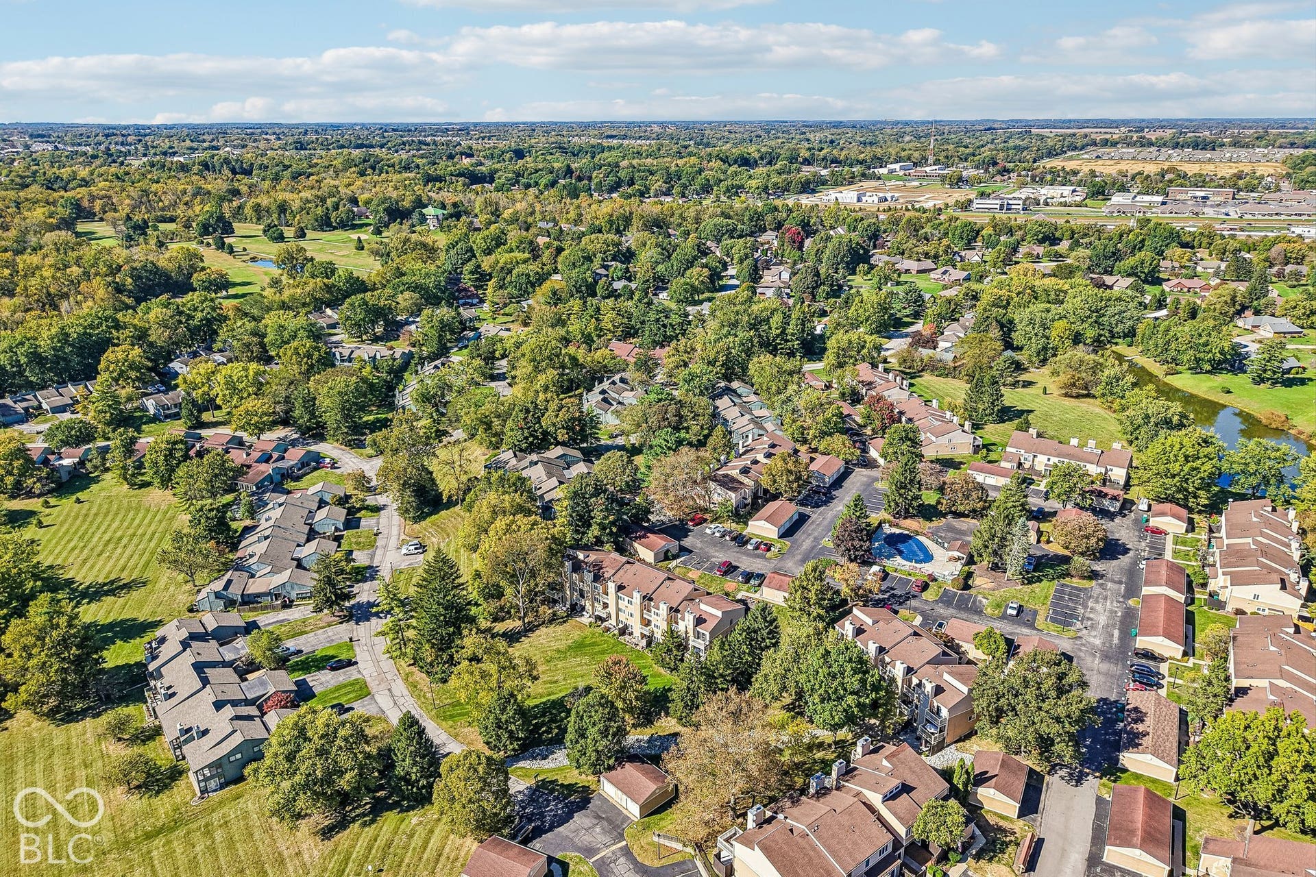 Aerial perspective showcasing a residential community with mature landscaping
