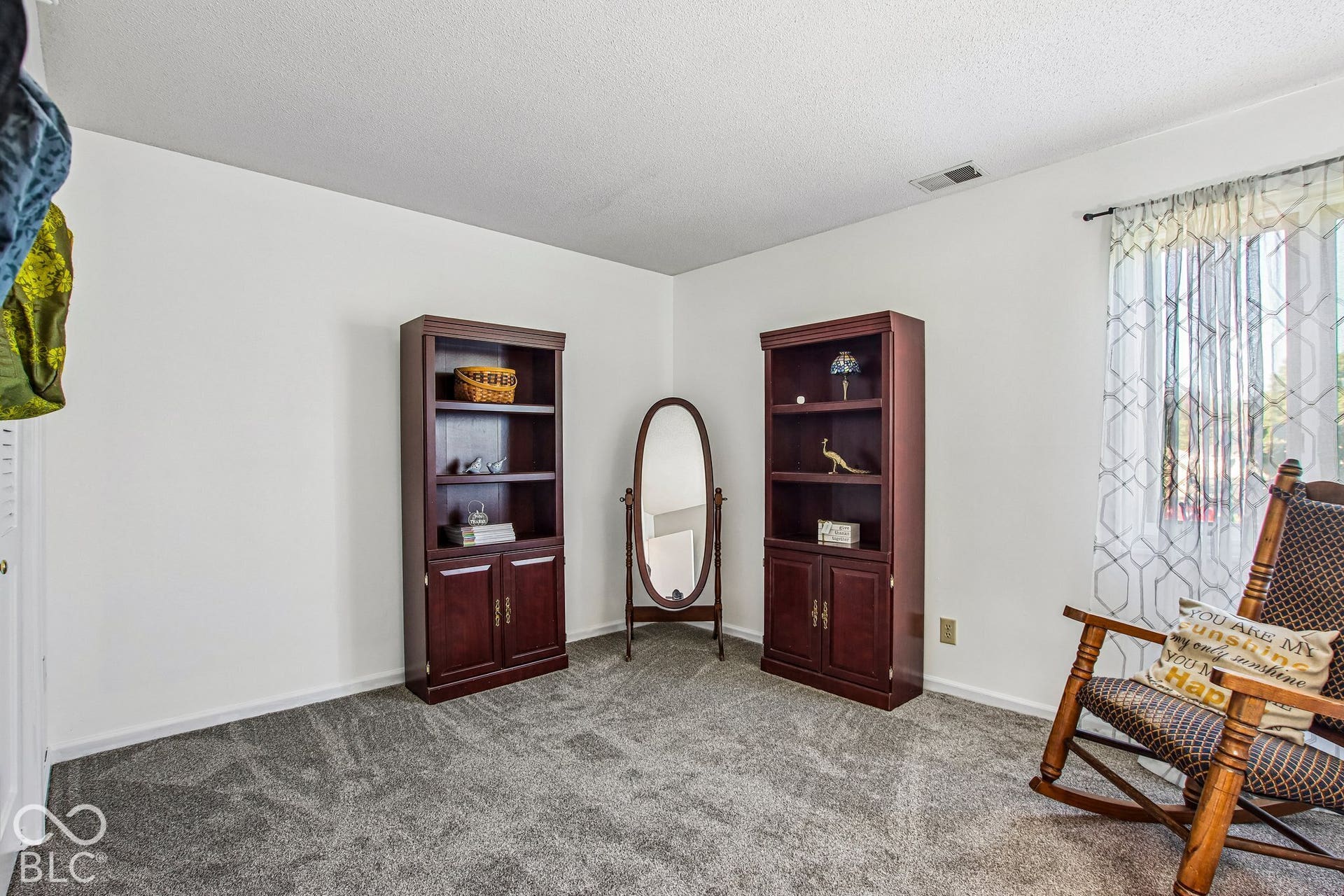White walls, light gray carpet, and a window with sheer geometric pattern curtains