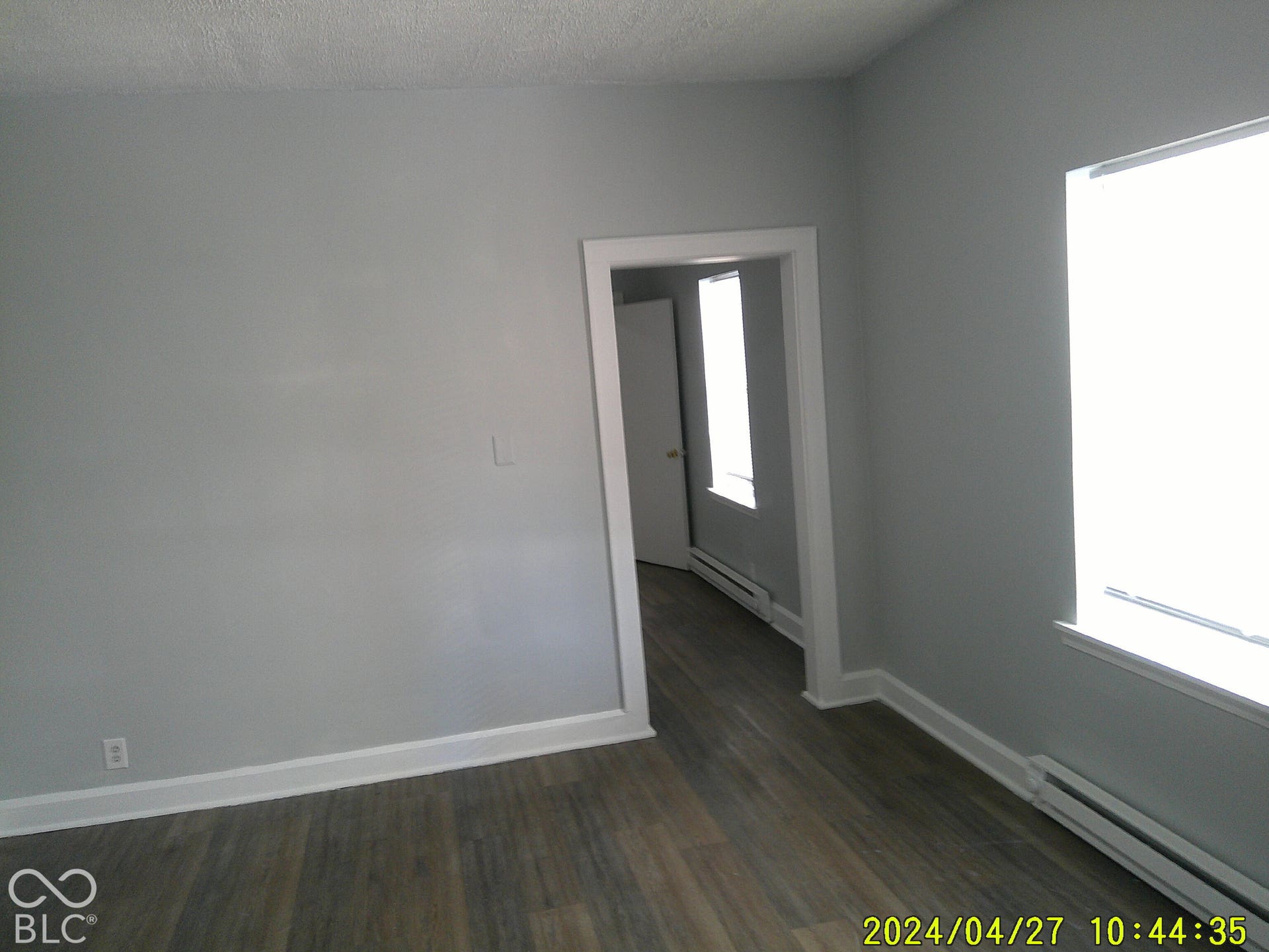 Wood-finish flooring with light gray wall paint