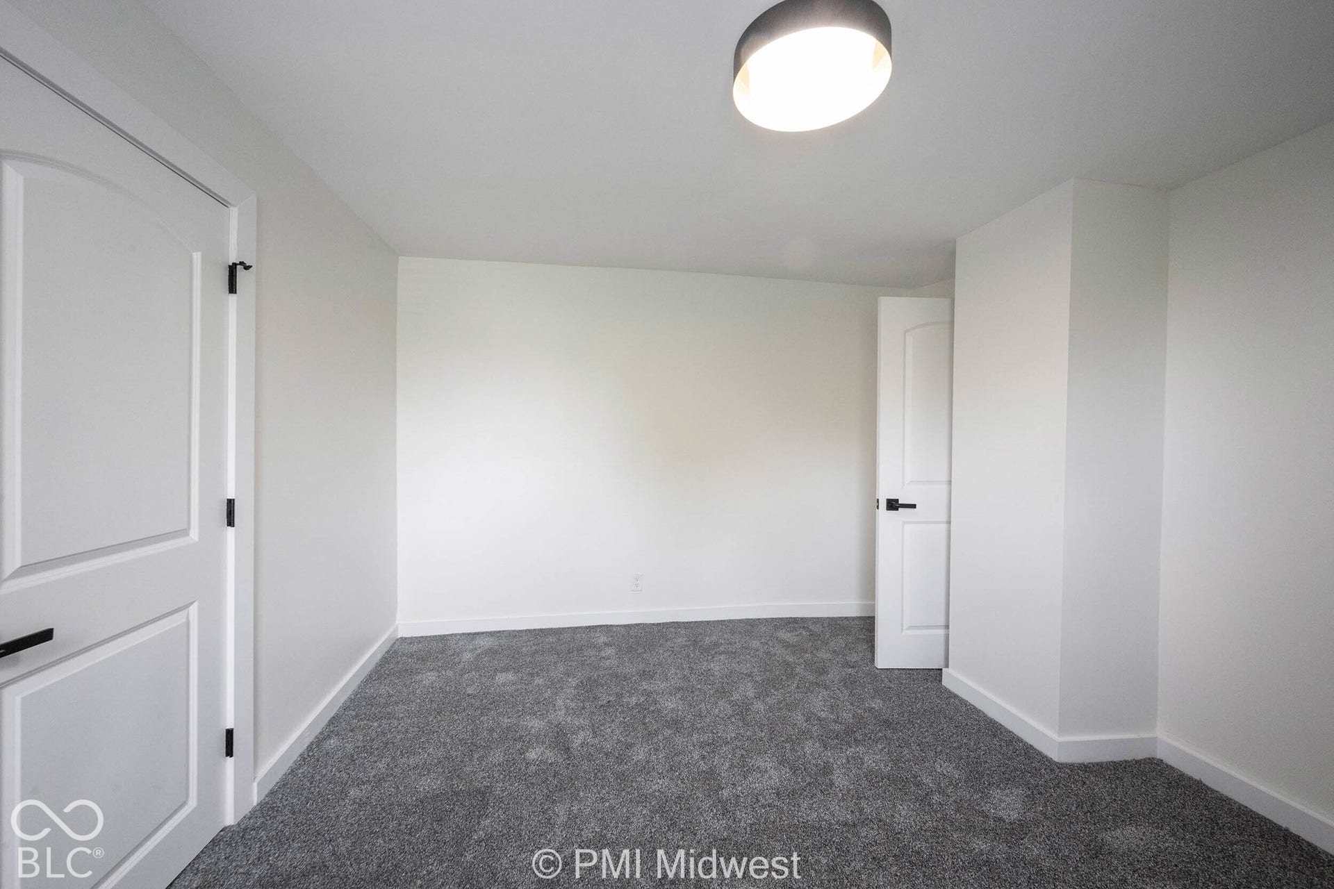 White walls with gray textured carpeting, white paneled doors, and black door hardware