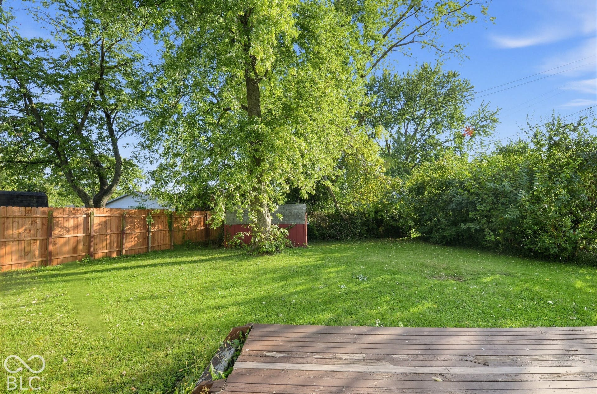Expansive green lawn, mature trees, wood privacy fencing, and wood-finish decking