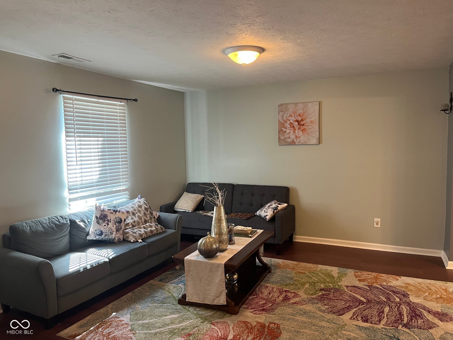 Recessed window with blinds, wood-finish flooring, light-toned wall paint, and a ceiling-mounted light fixture