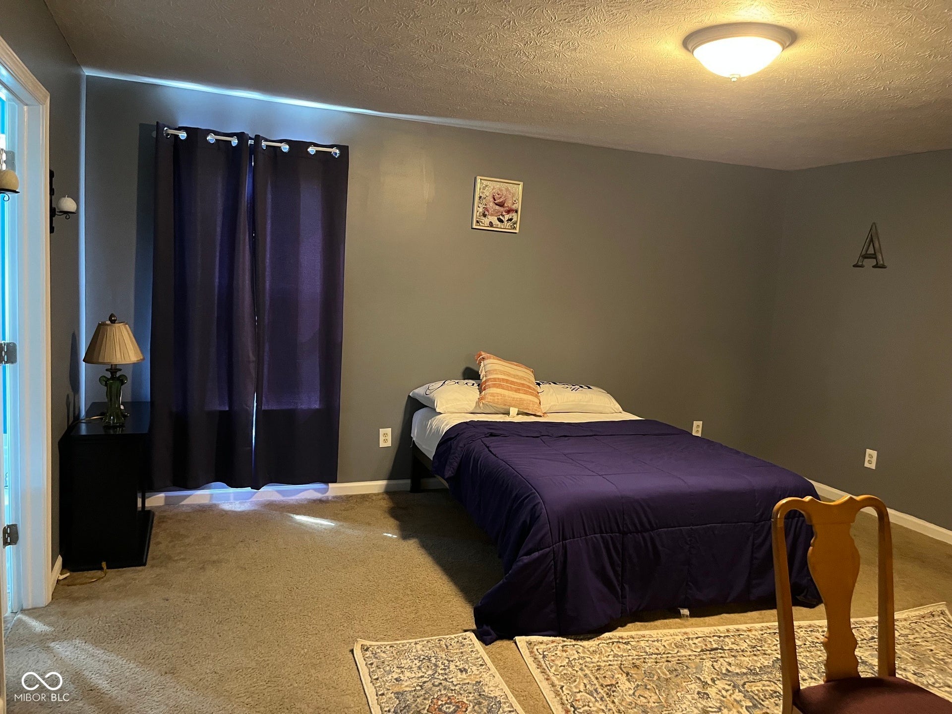 Carpeted flooring, neutral wall color, and a ceiling-mounted light fixture