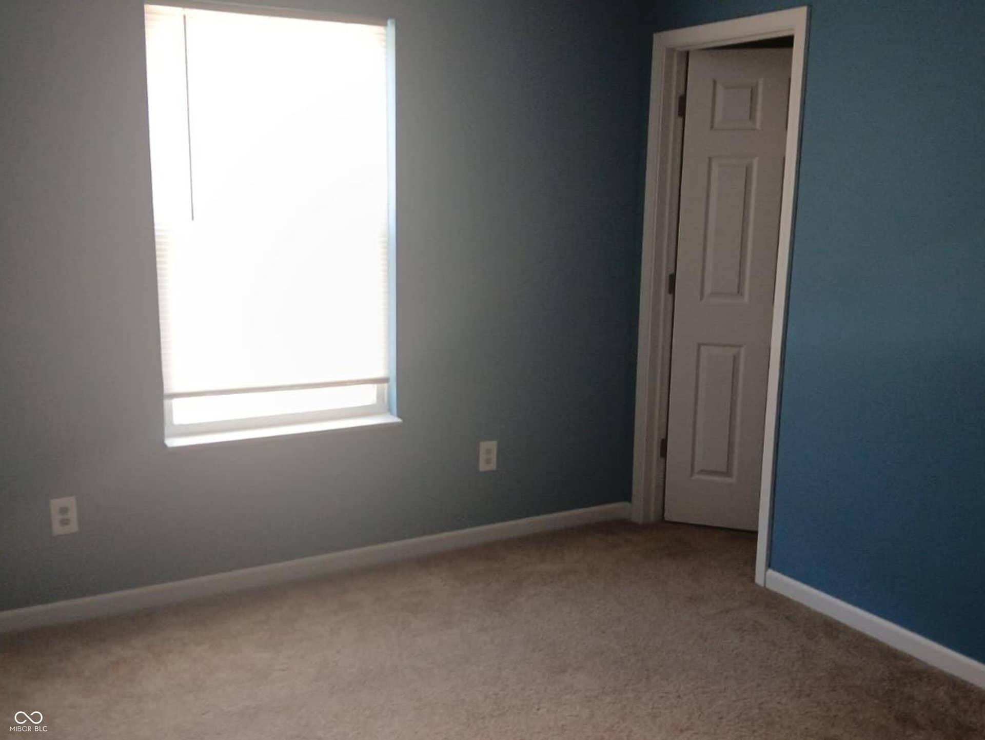 Carpeted flooring, paneled interior door, and window with blinds