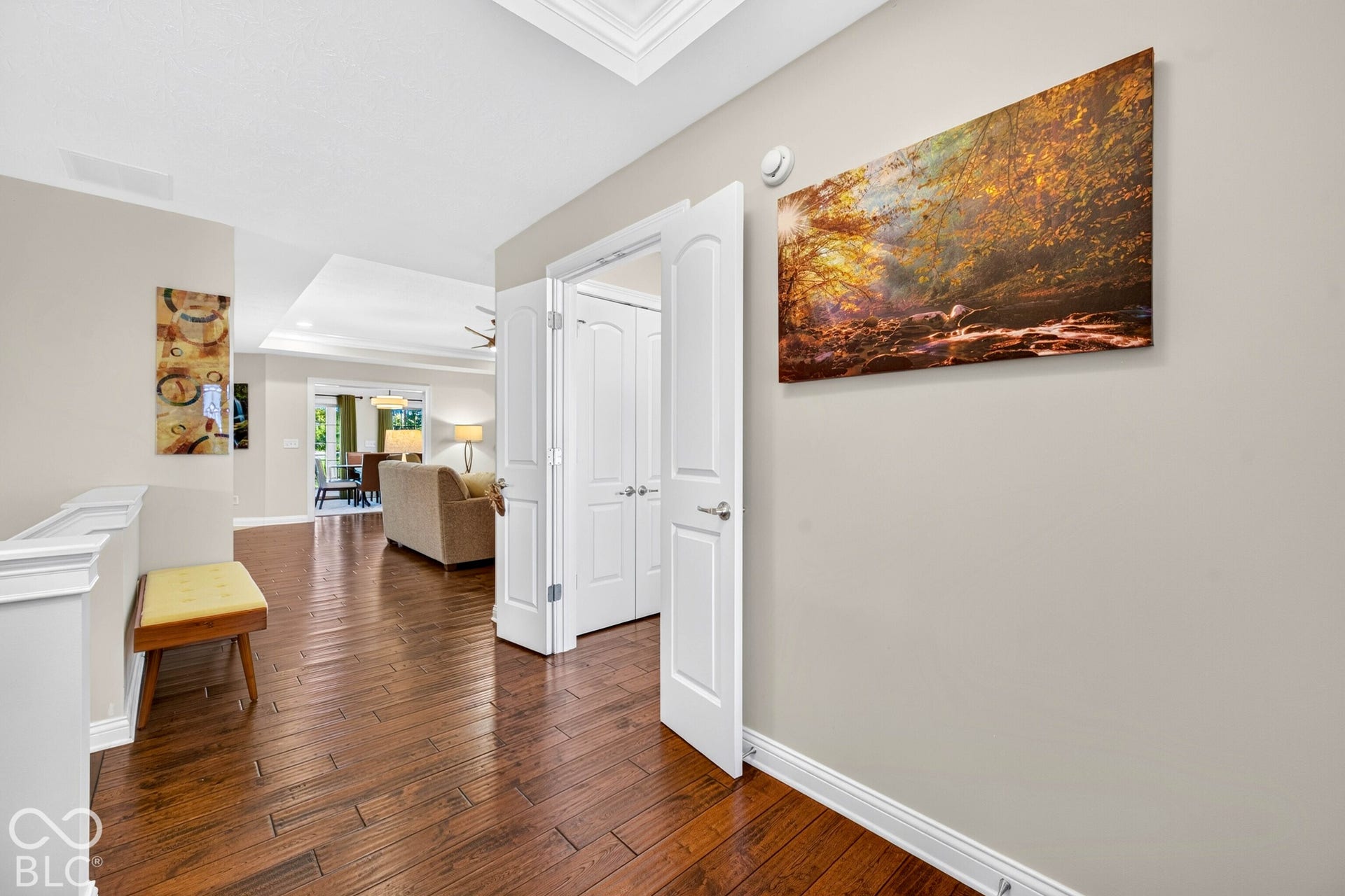 Wood-finish flooring throughout, tray ceiling detail, white paneled doors, and a partial balustrade