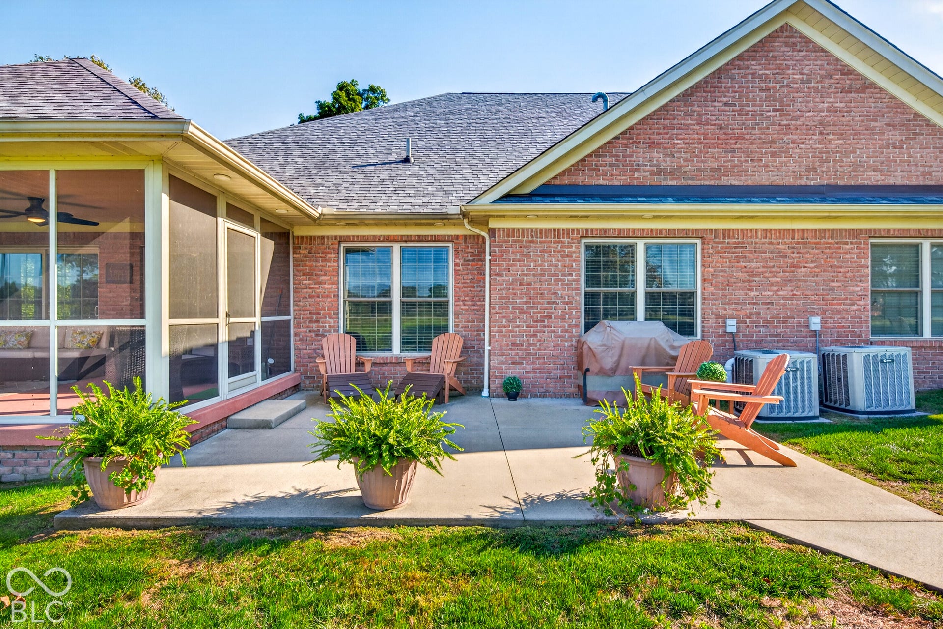 Brick exterior with multiple double-hung windows