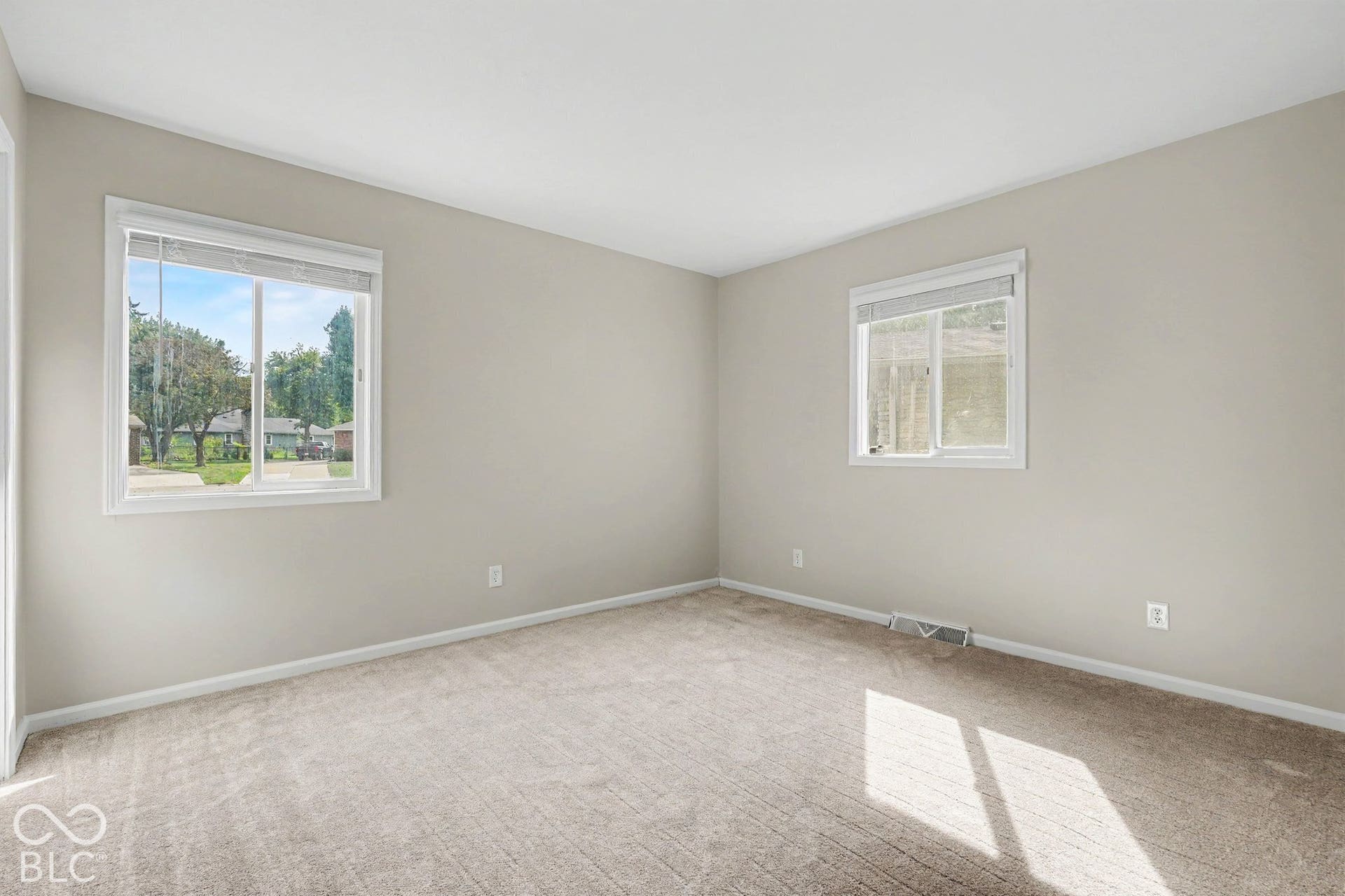 Neutral wall color, carpeted flooring, and white window trim