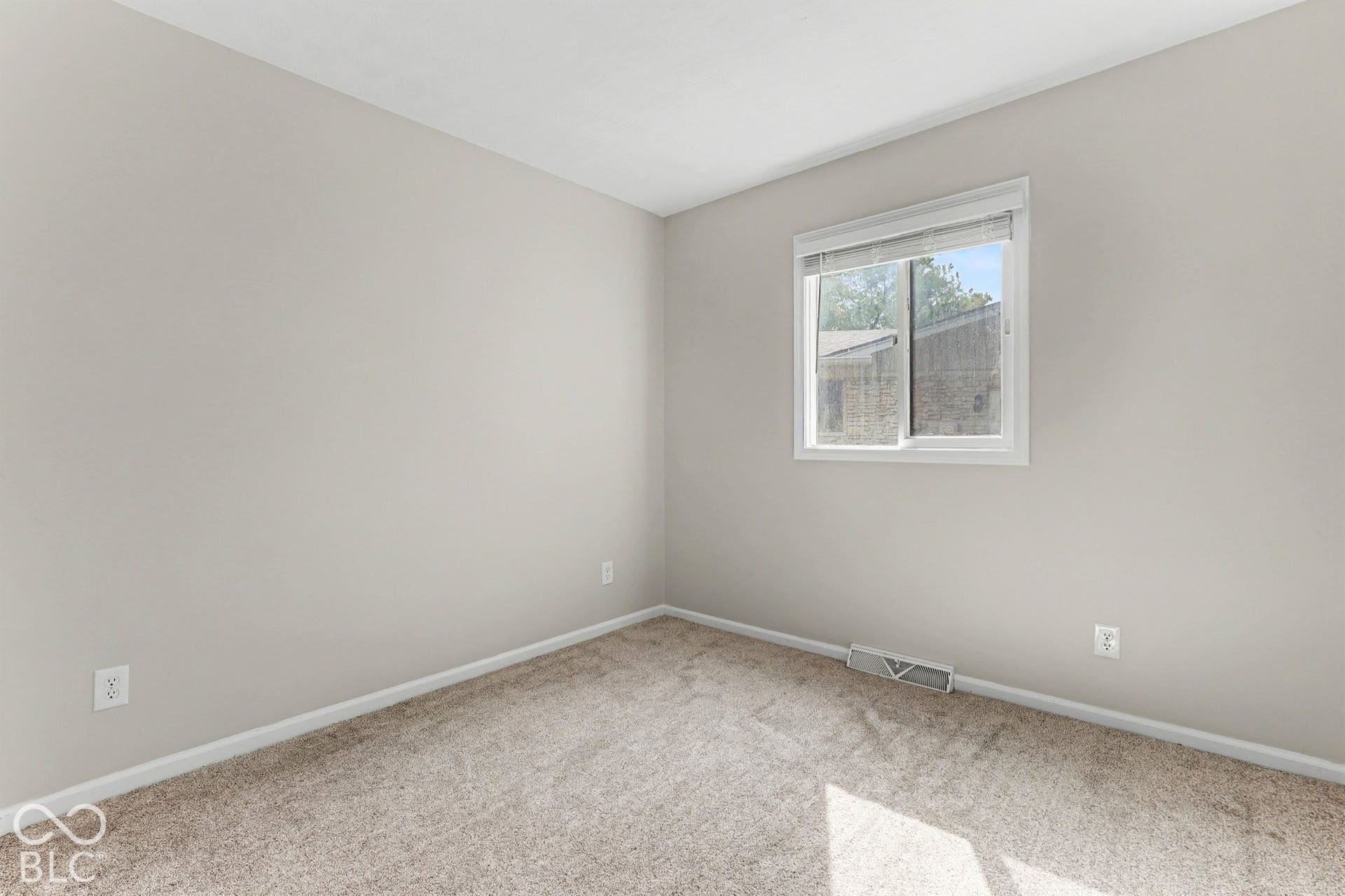 Neutral tone wall paint with a white ceiling, light-colored carpet flooring, and a white-framed window