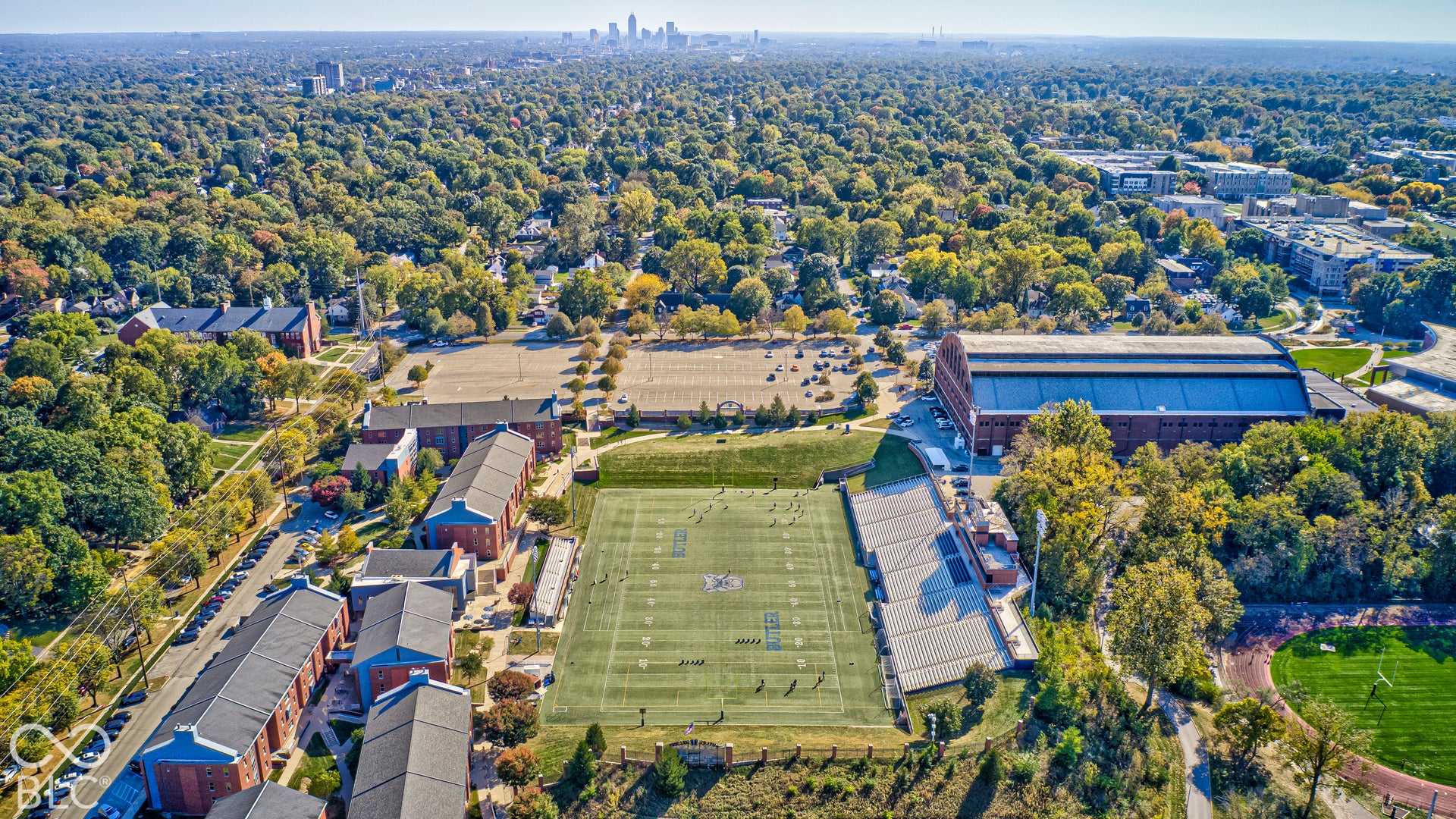 Butler athletics and campus life minutes from the door, with the downtown skyline on the horizon.