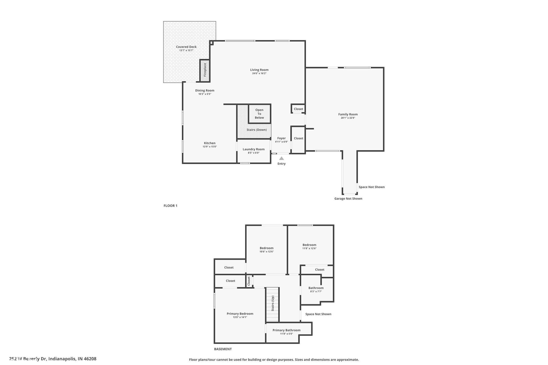 Full floor plan of the Woods House: an open main level with the architect's 1974 family room addition, and a walk-out lower level holding all three bedrooms.