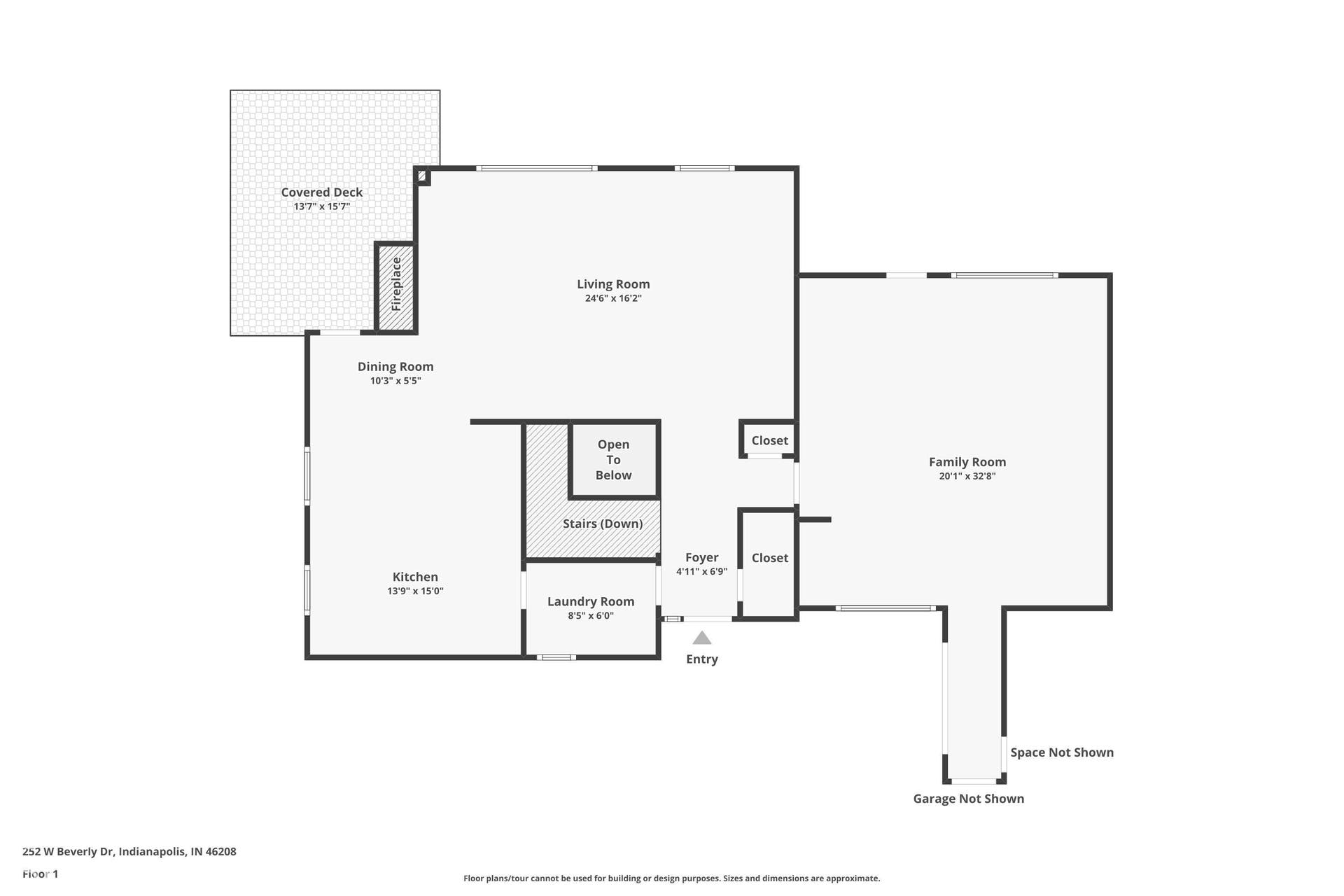 Main level floor plan: living room, dining room, kitchen, family room, covered deck, laundry/mudroom and foyer flowing as one open space, as Clyde E. Woods designed it in 1967.