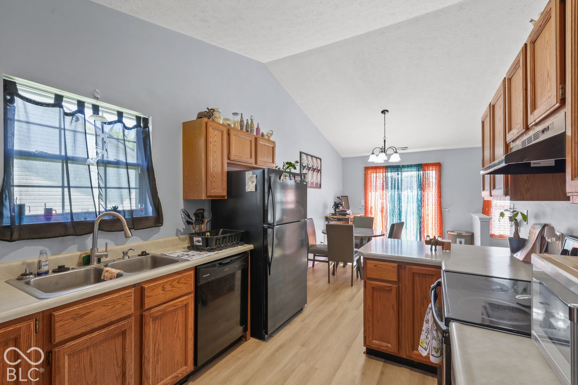 Vaulted ceiling, wood-finish flooring, ample cabinetry, stainless steel sink, and built-in dishwasher